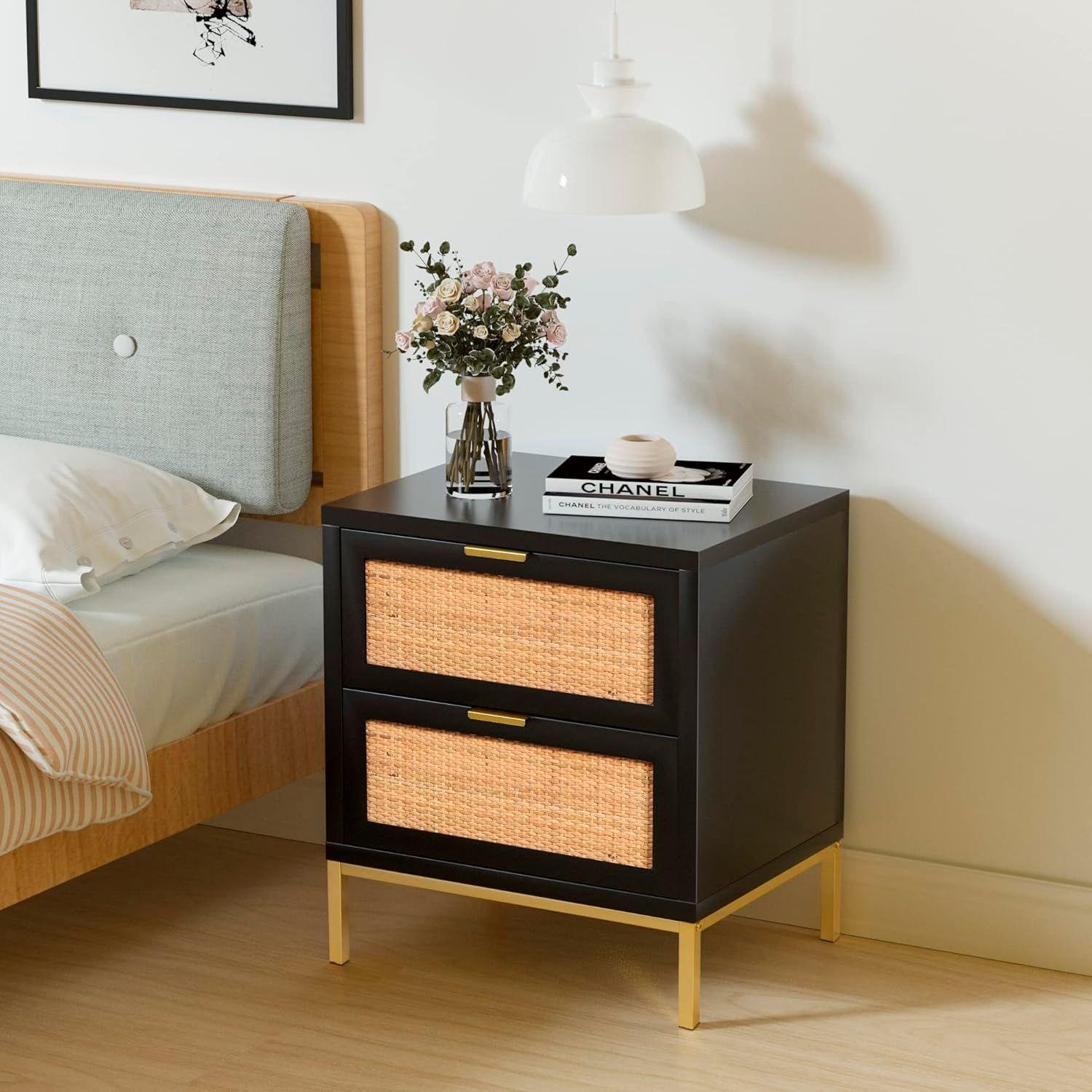 VELADOR MODERNO MESA DE NOCHE BLACK CON RATTAN -2