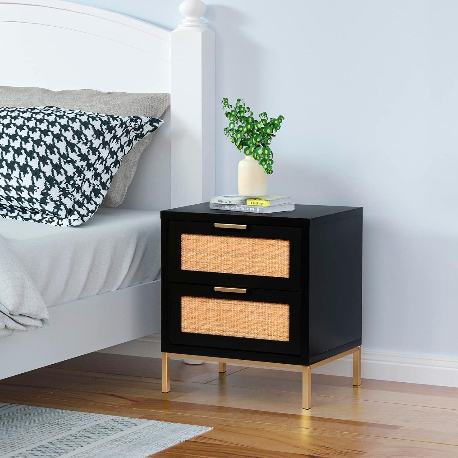 VELADOR MODERNO MESA DE NOCHE BLACK CON RATTAN -3
