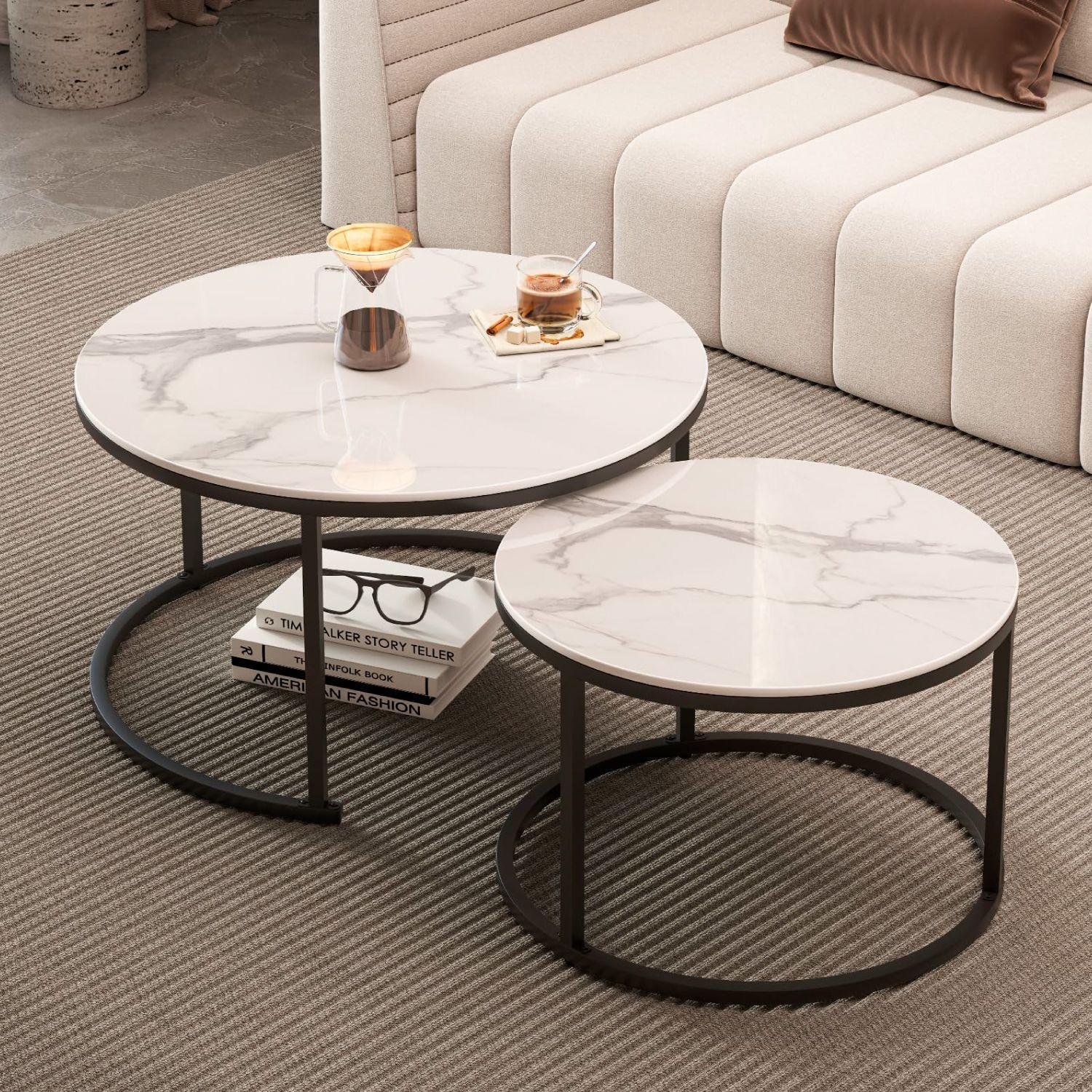 MESA DE CENTRO ESTILO MODERNO TIPO NIDO BLANCO Y NEGRO CON TOPE SIMIL MARMOL-3
