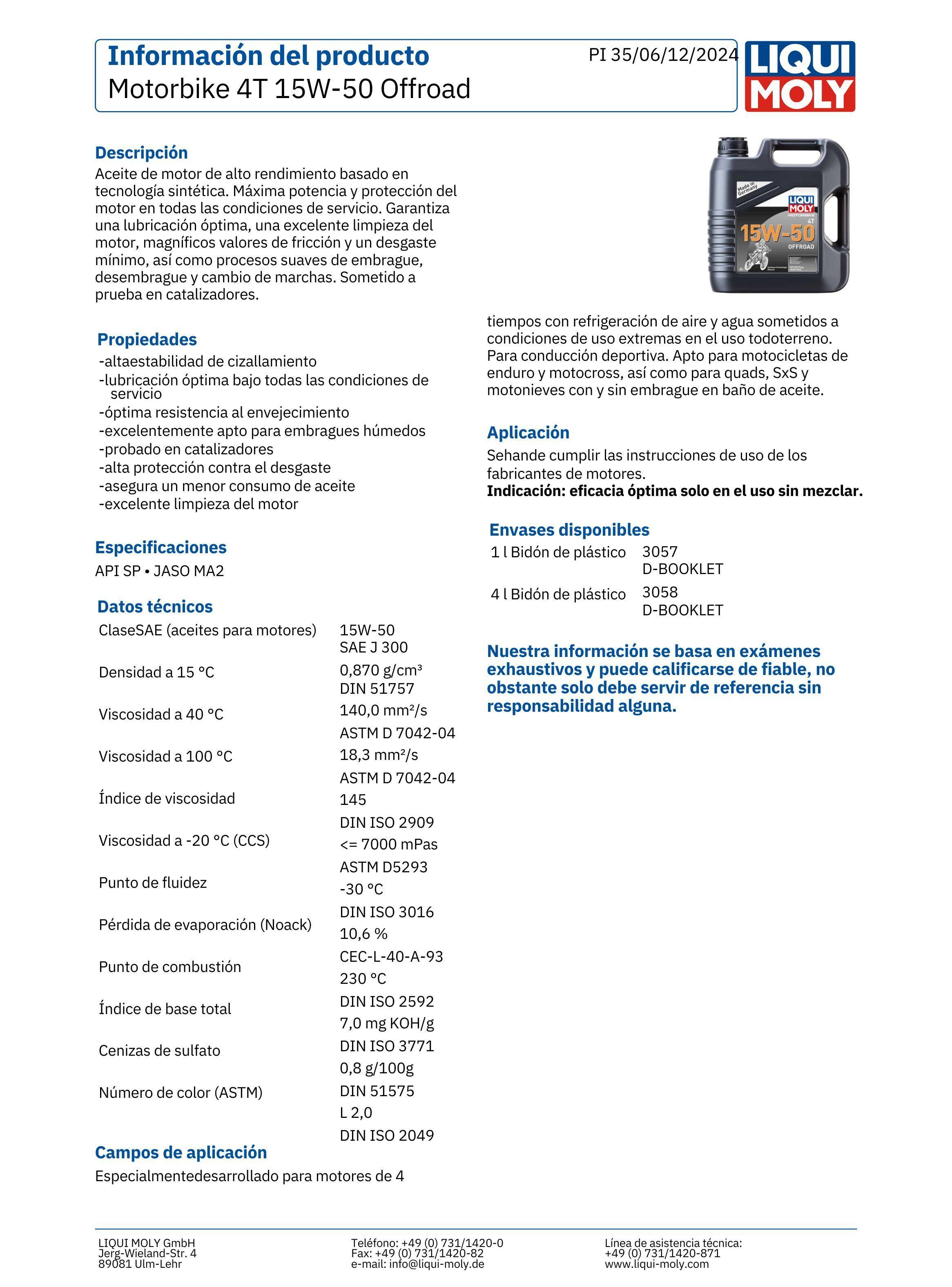 Lubricante Motor para Moto 15w50 Sintetico 4T Offroad 1 Lt-2