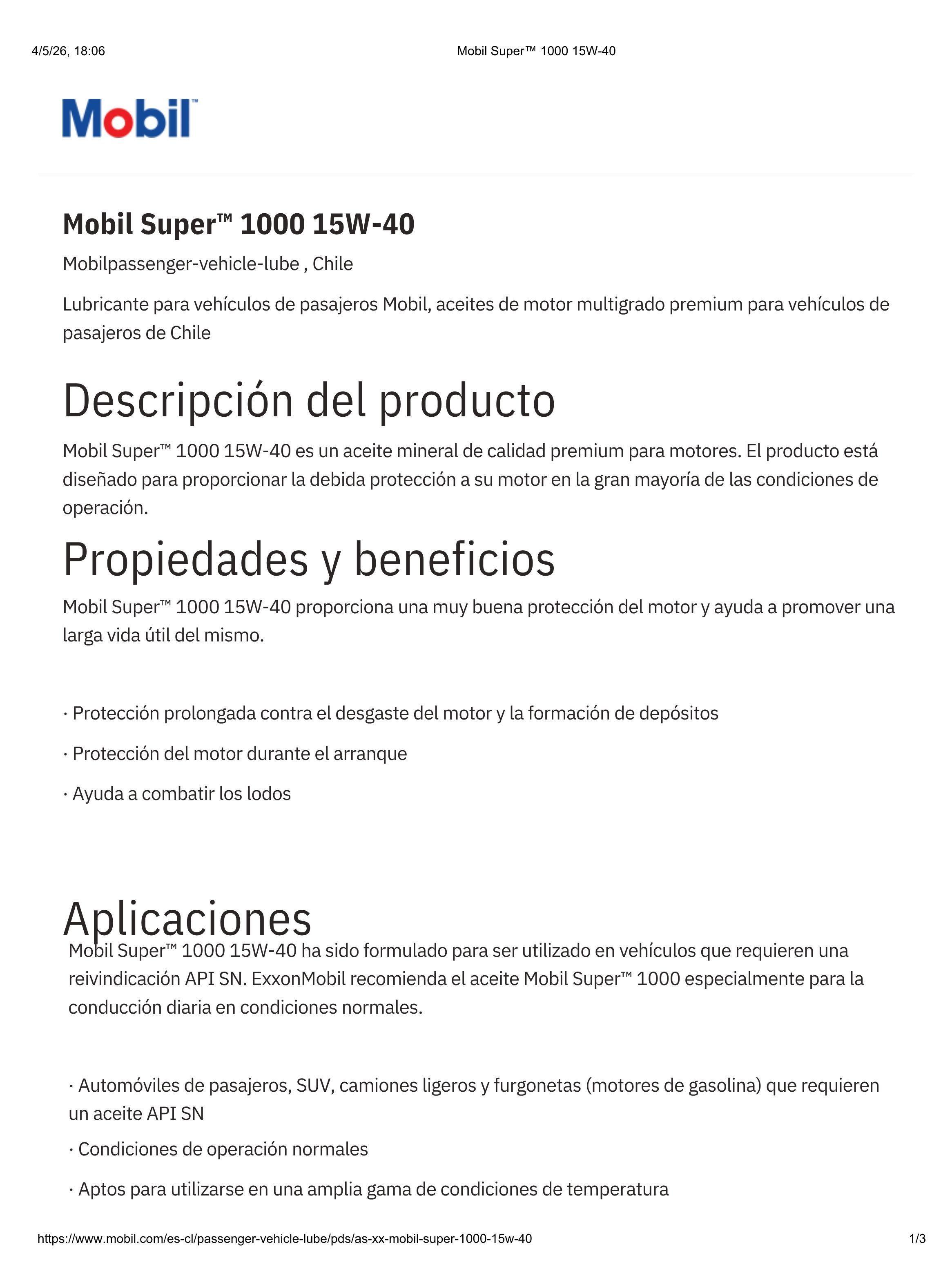 Lubricante Motor 15w40 Mobil Super 1000 4 Lts-1