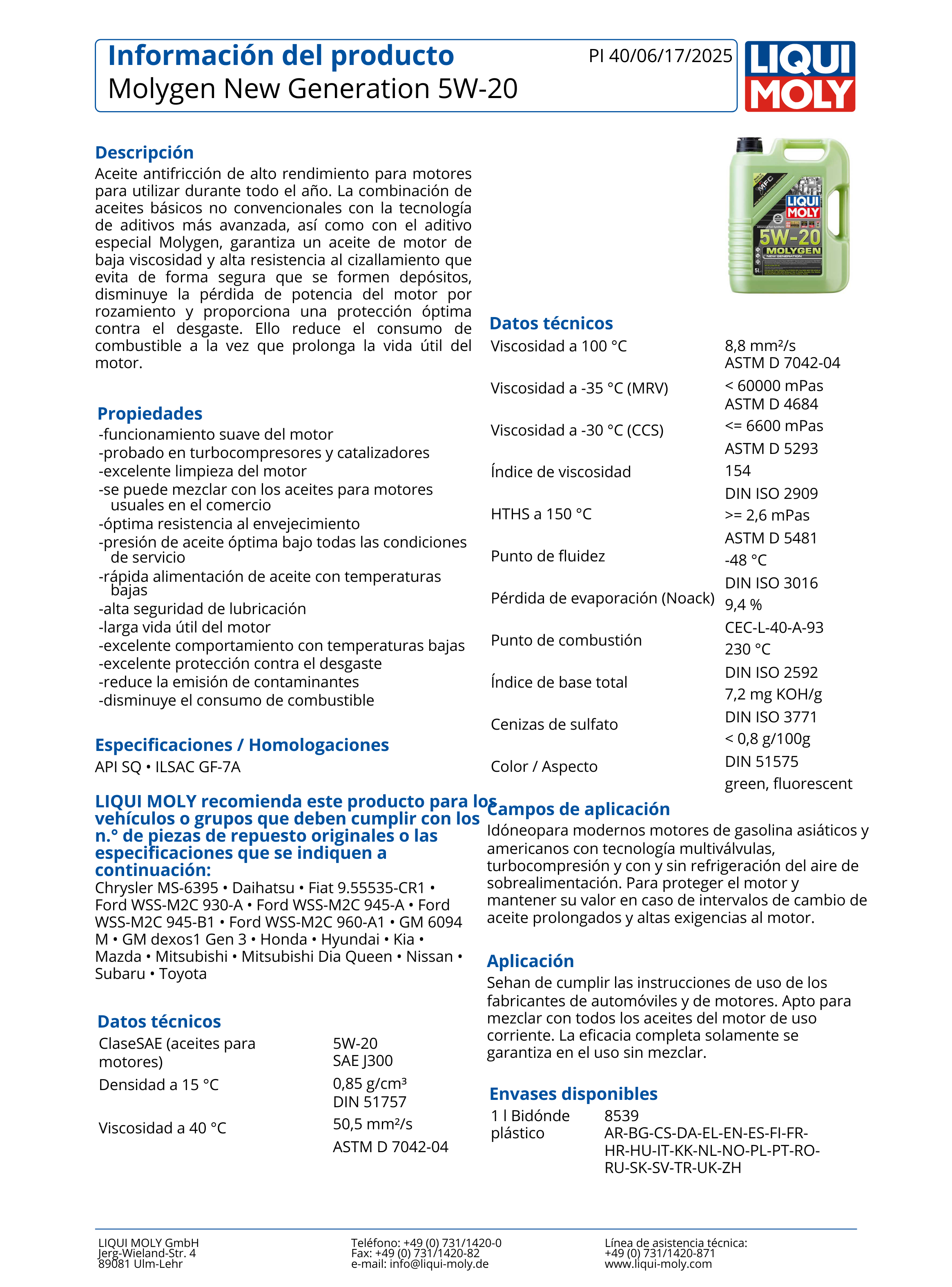 Lubricante Motor 5w20 Molygen Liqui Moly 1 Litro-1