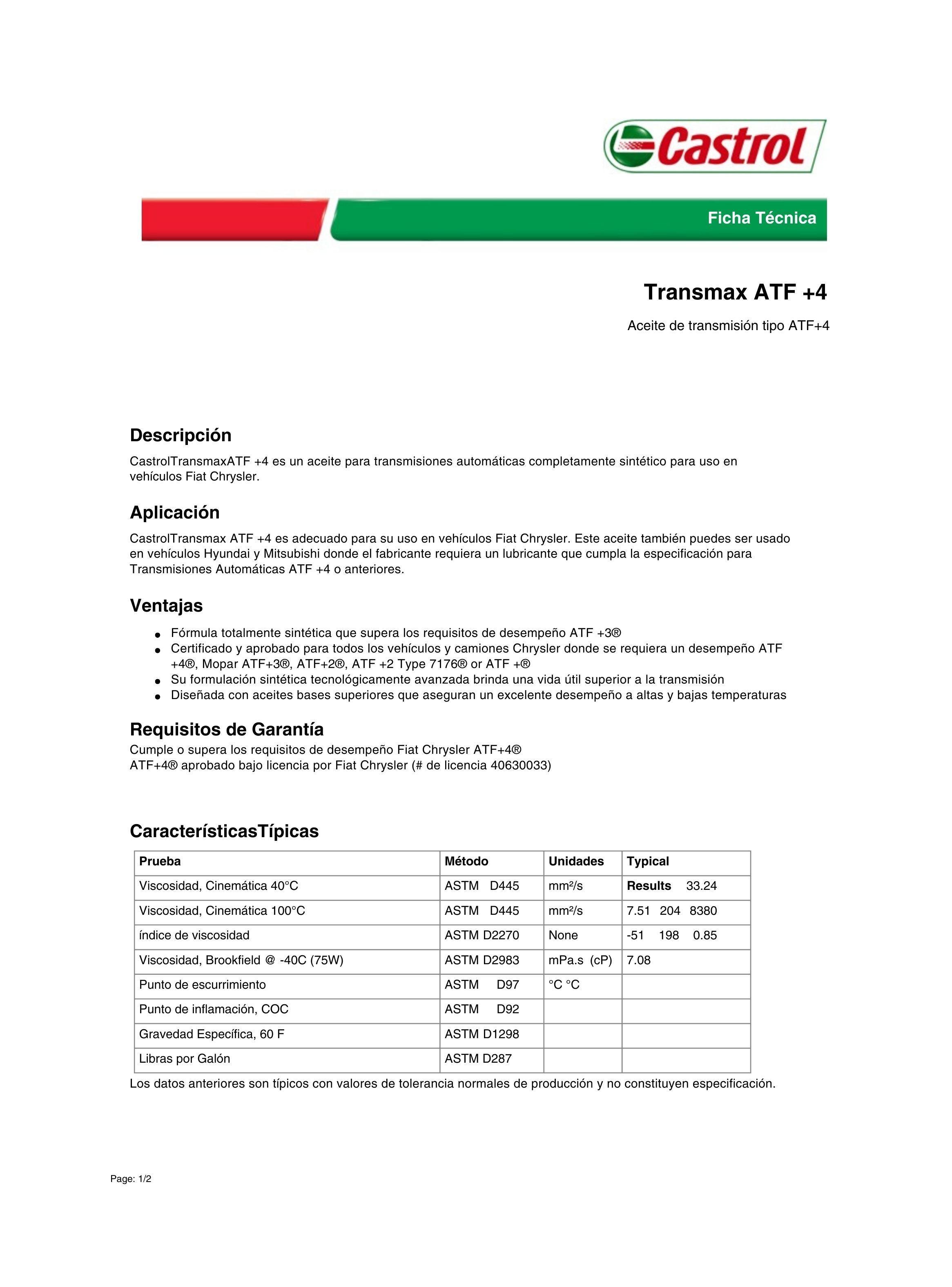 Lubricante Caja Automatica ATF 4 Castrol Jeep Chrysler Dodge-2