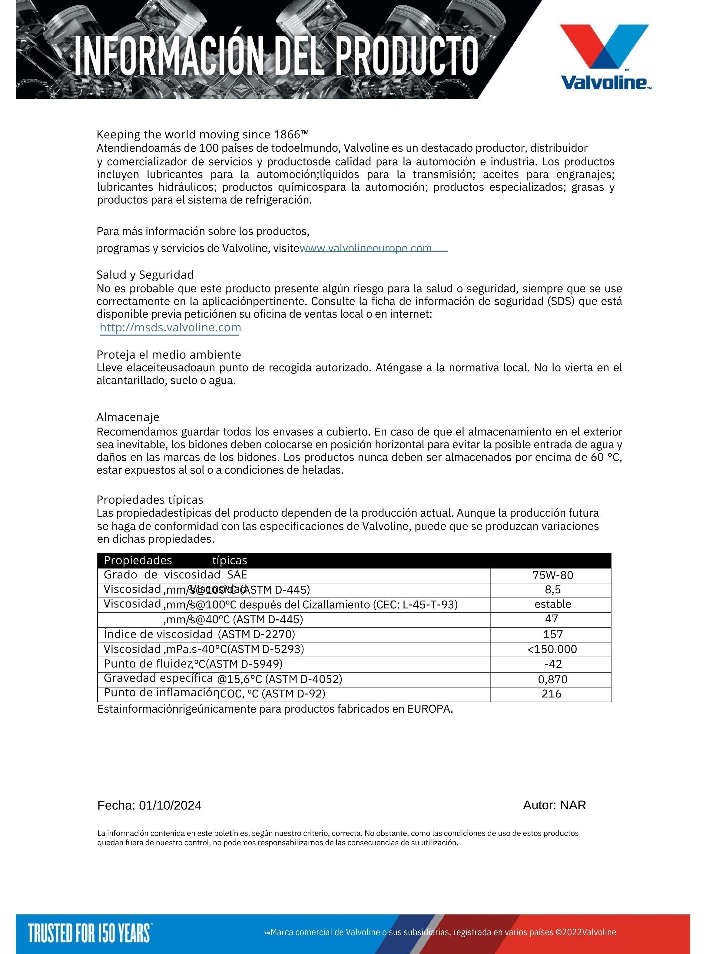 Lubricante 75w80 Gl4 Caja Cambio Mecanica Valvoline 1 Lt-2