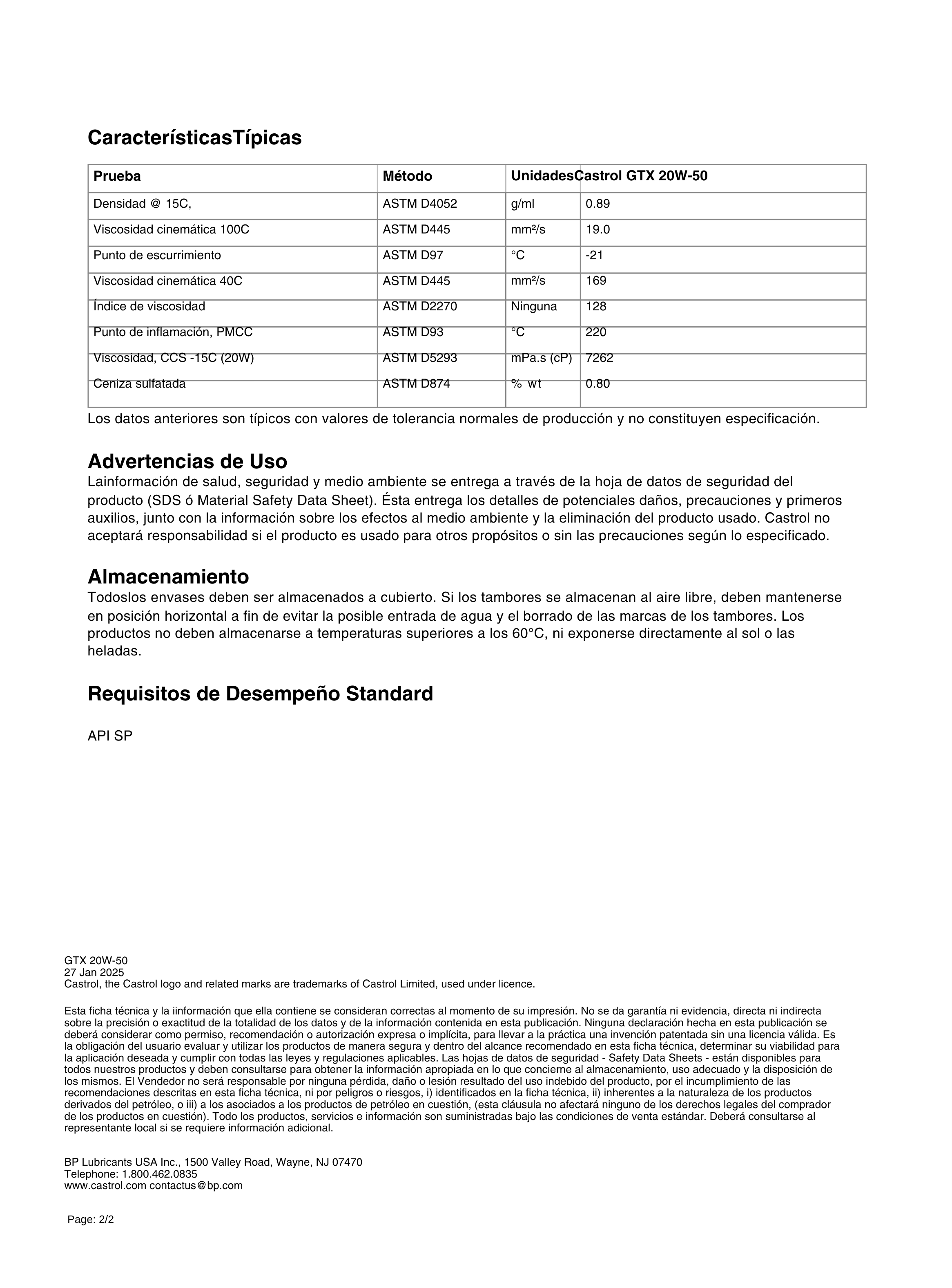 Lubricante Motor 20w50 Castrol GTX 946 Ml-2