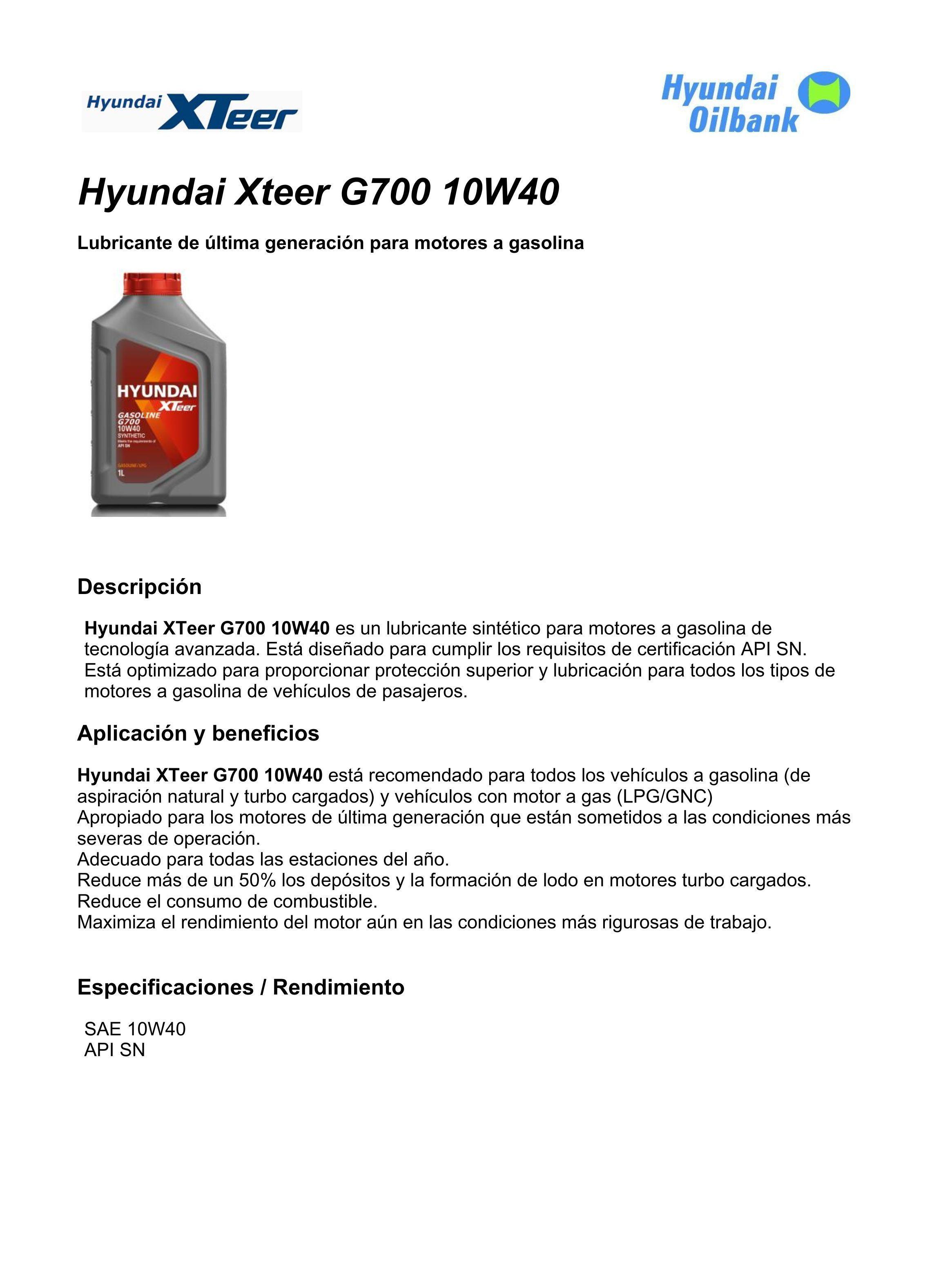 Lubricante Motor 10w40 Hyundai Xteer G700 Gasolina 4 Lts-2