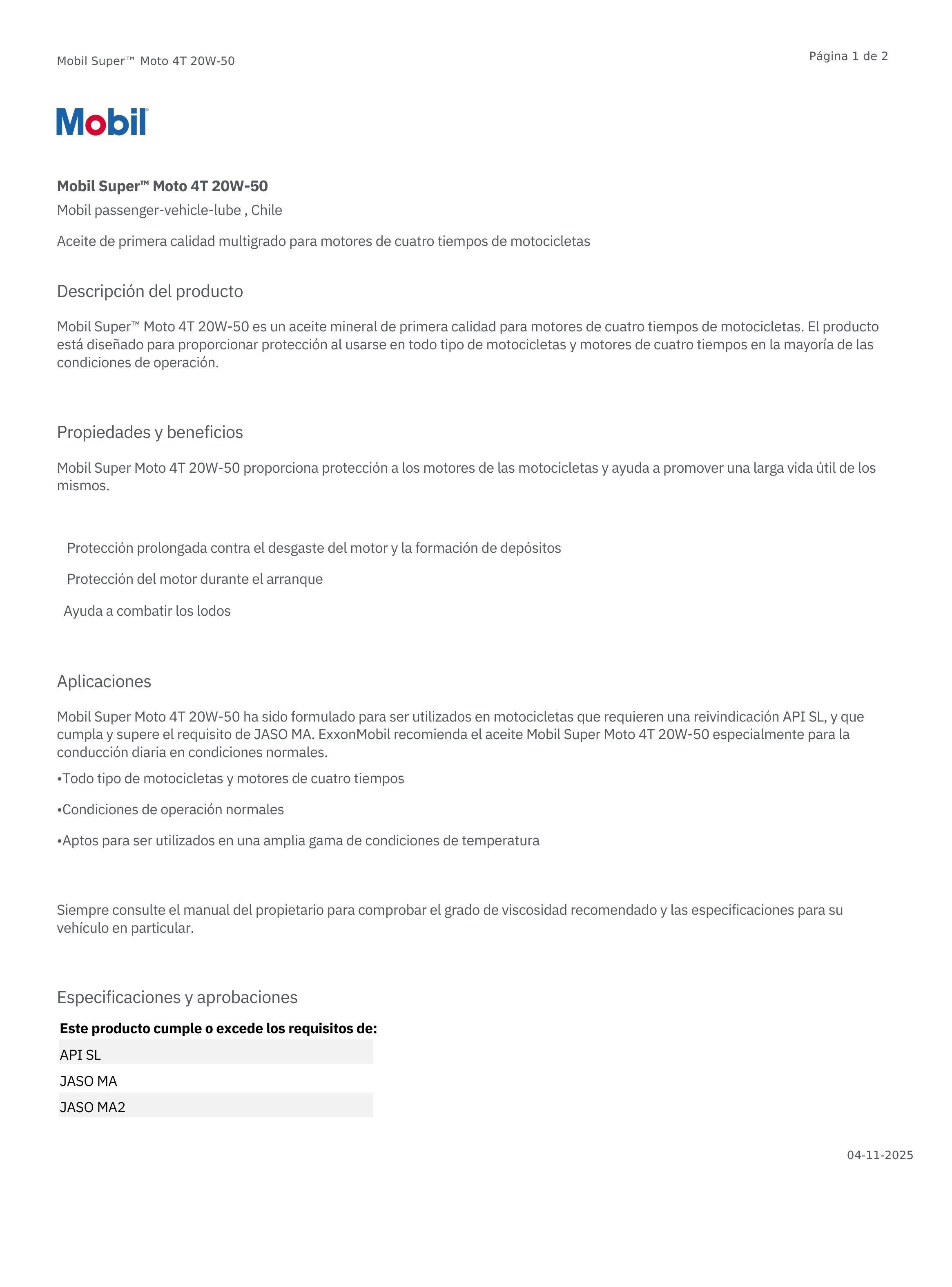 Lubricante Motor para Moto 20w50 Mineral Mobil Super 4T 1L-2