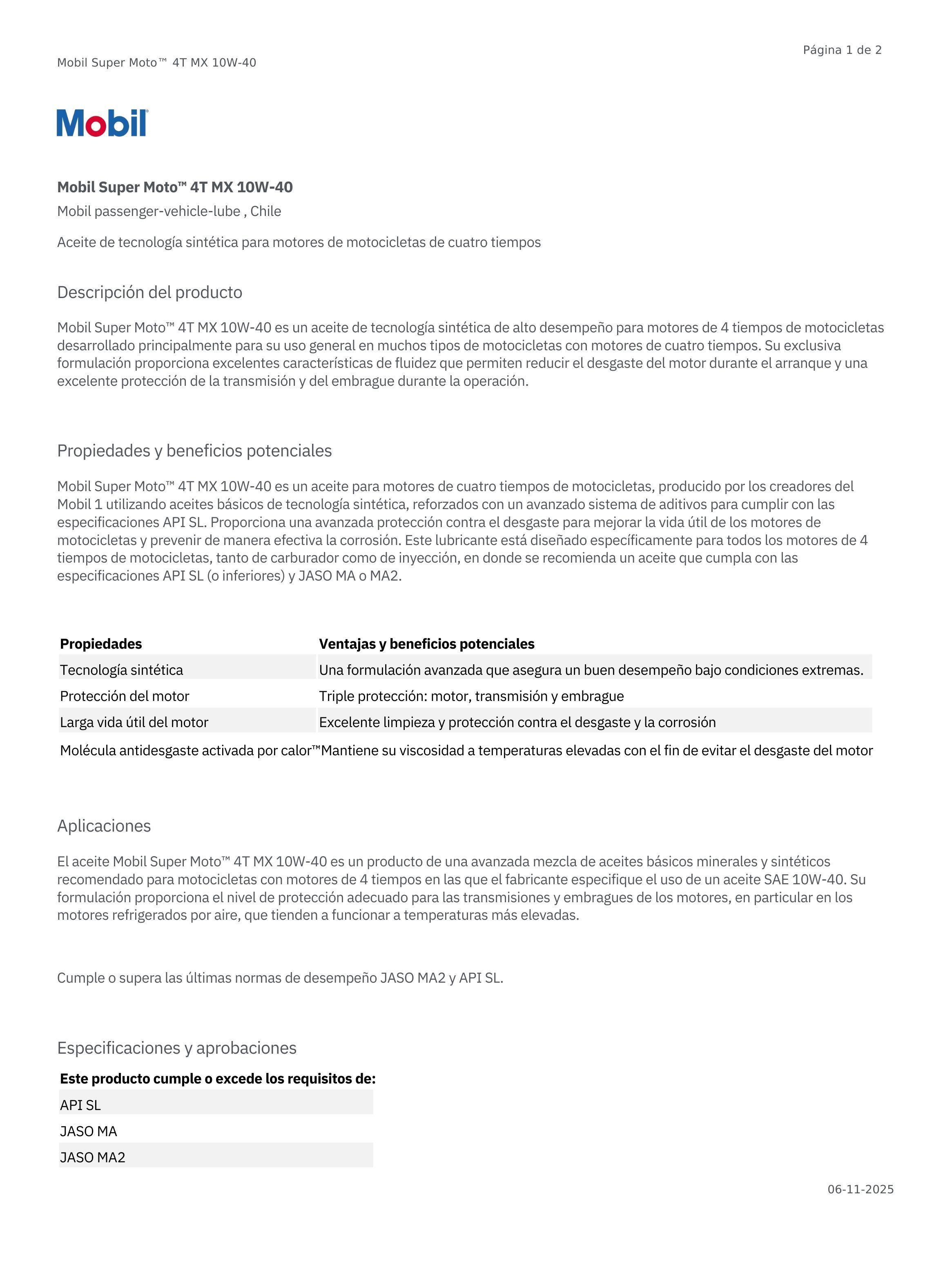 Lubricante Motor para Moto 10w40 Sintetico Mobil 4T MX 1 L-2