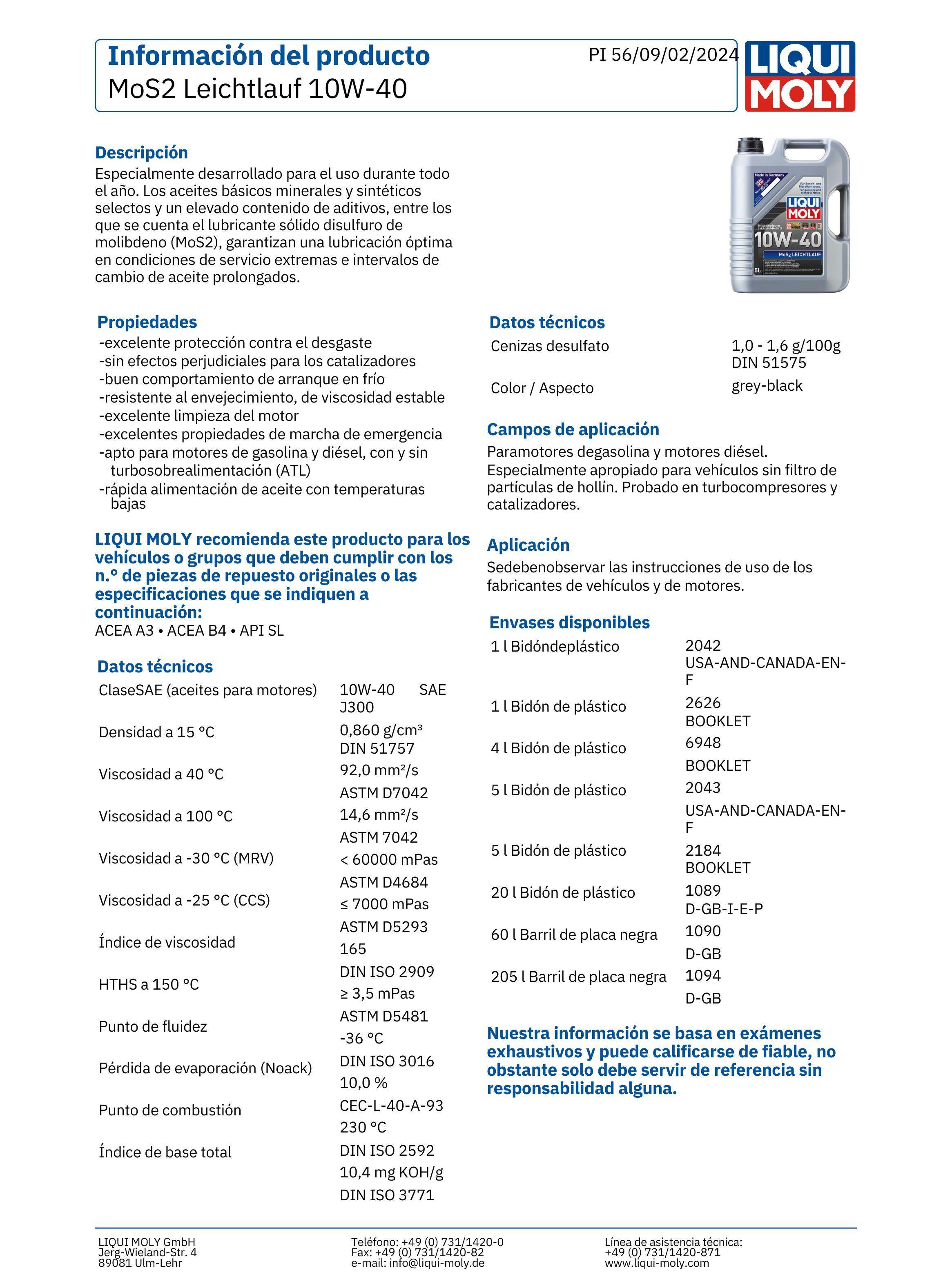 Lubricante Motor 10w40 Semisintetico con Molibdeno Mos2 1 Lt-2