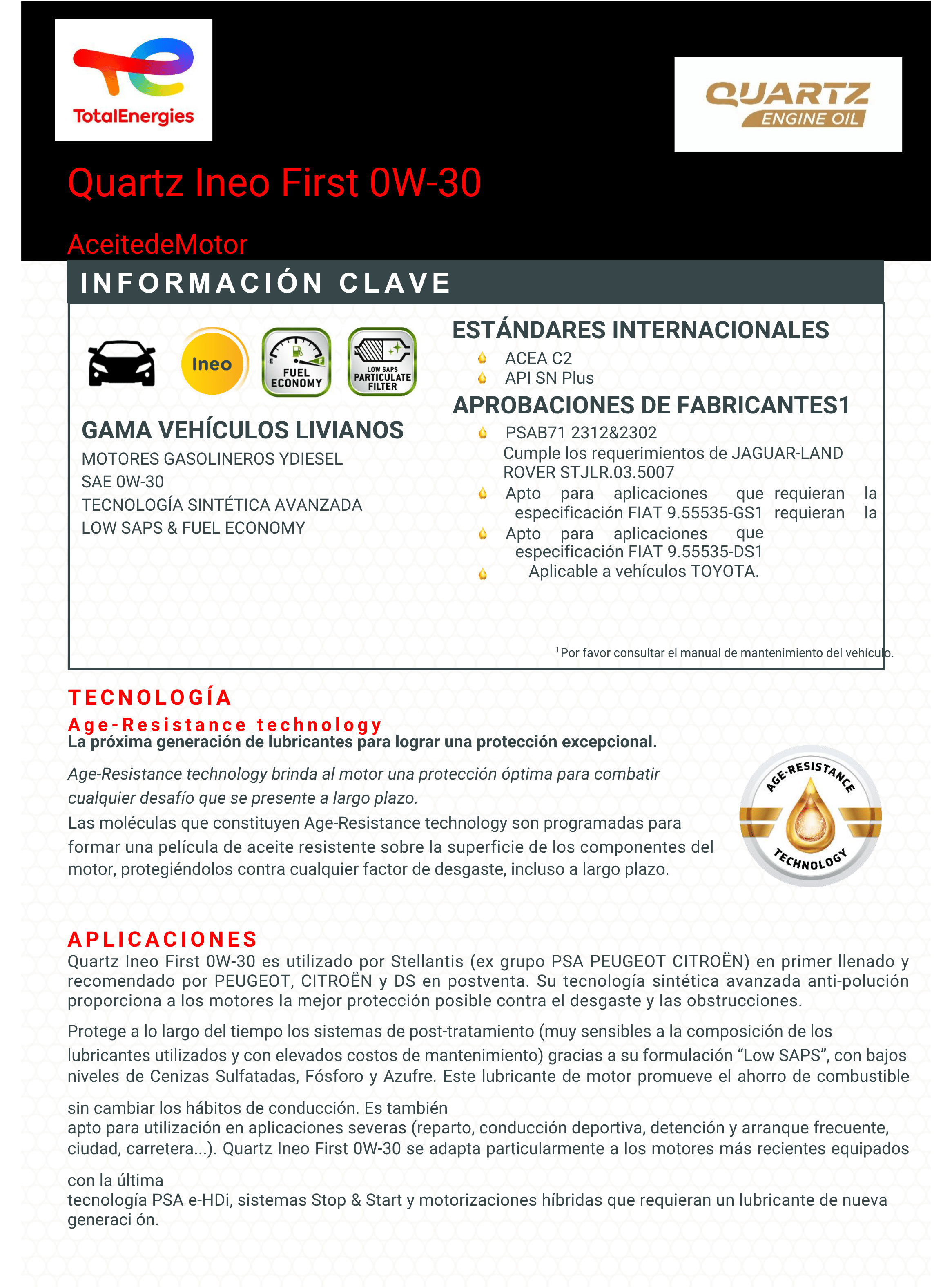 Lubricante Motor 0w30 total Quartz Ineo Fisrt Acea C1-1