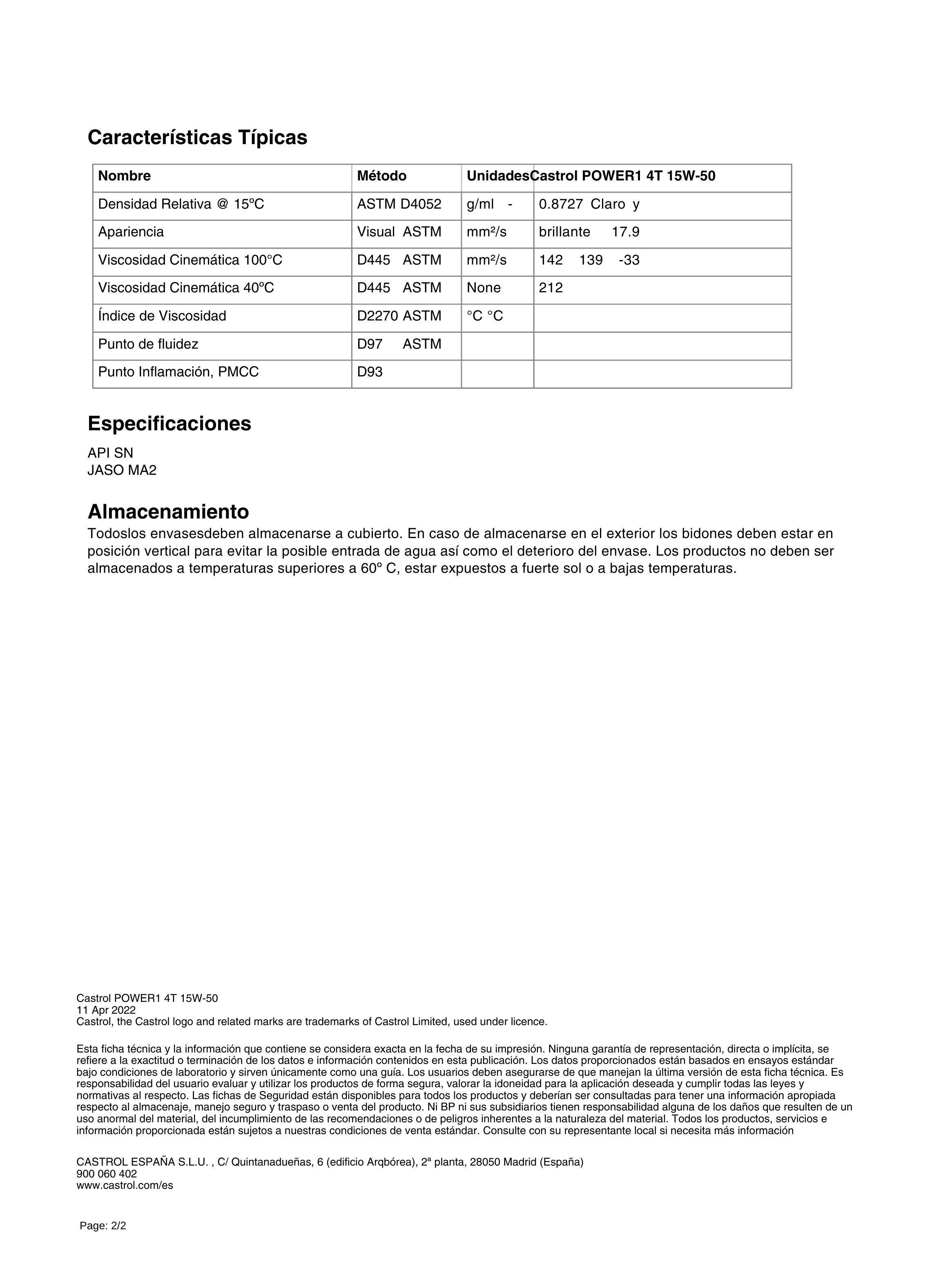 Lubricante Motor para Moto 15w50 Sintetico Power 1 4T 1 Lt-2