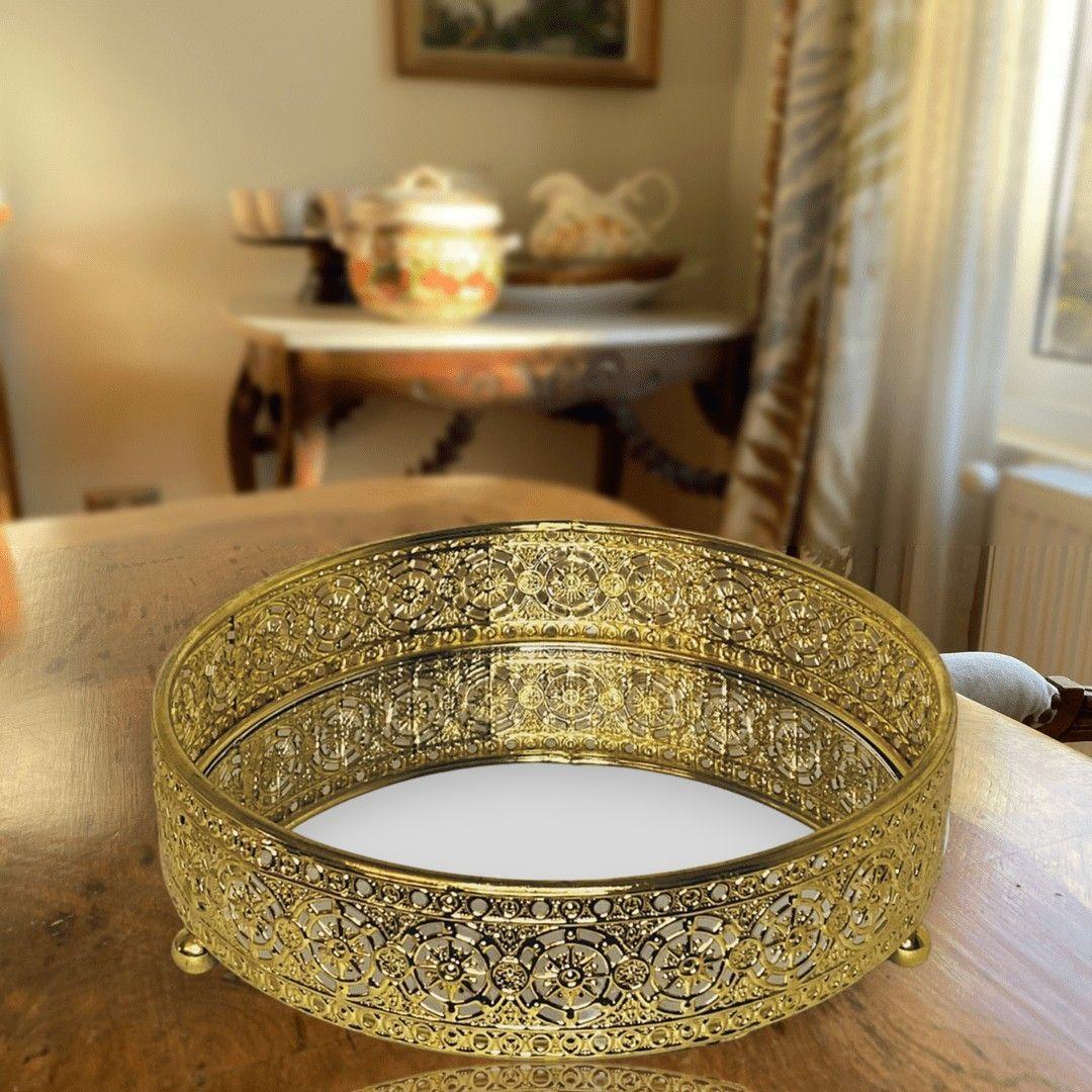 BANDEJA CIRCULAR  DORADA CON ESPEJO PEQUEÑA-2