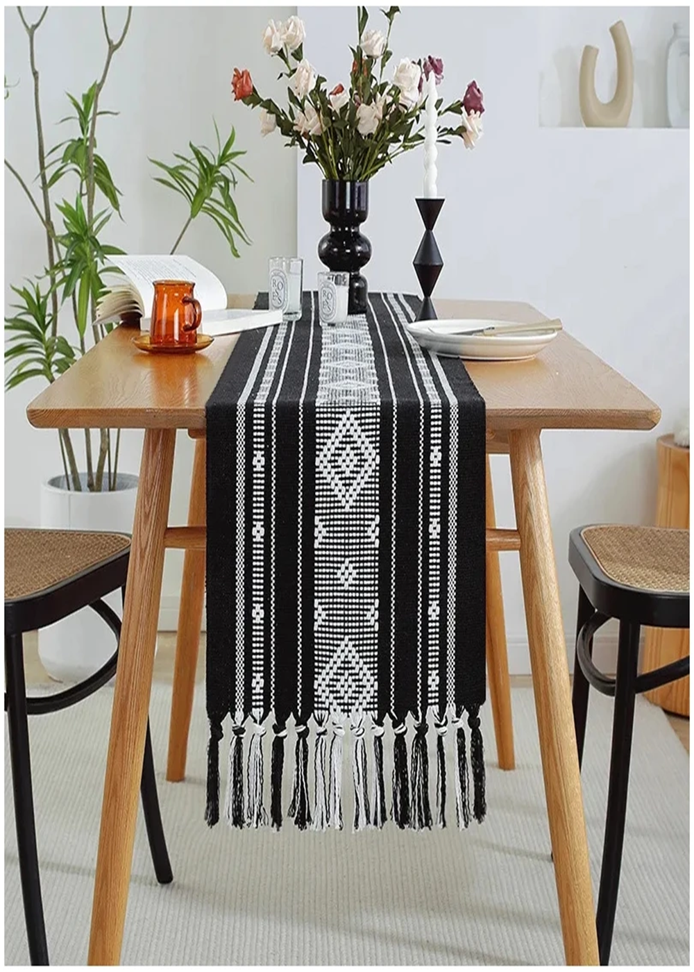 Camino de Mesa Hilos de Algodón Nórdico 33x150 CM Oslo Negro Casa Frida-3