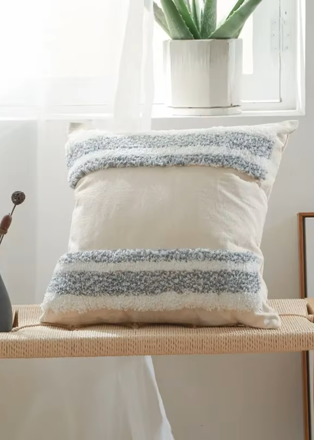 Pack 2 Fundas para Cojín Algodón y Lino 45x45 CM Meknés Franjas Gris-0
