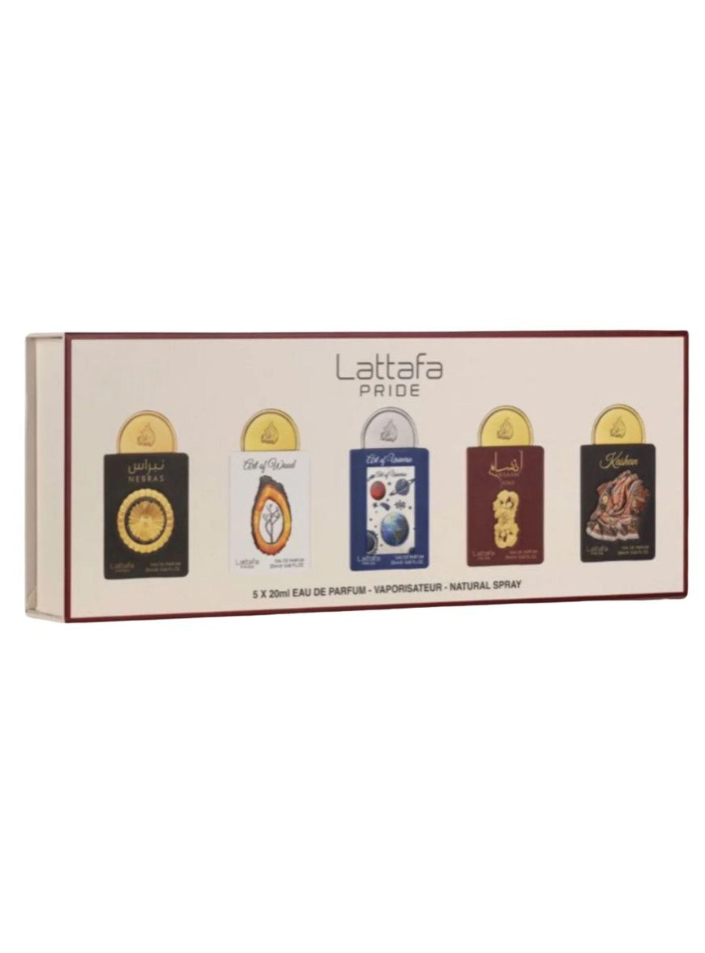 PERFUME LATTAFA 5PZAS ESTUCHE EDP 20ML x 5, NEBRAS+ART OF WOOD+ART OF UNIVERSE+ANSAAM GOLD+KASHAN-0