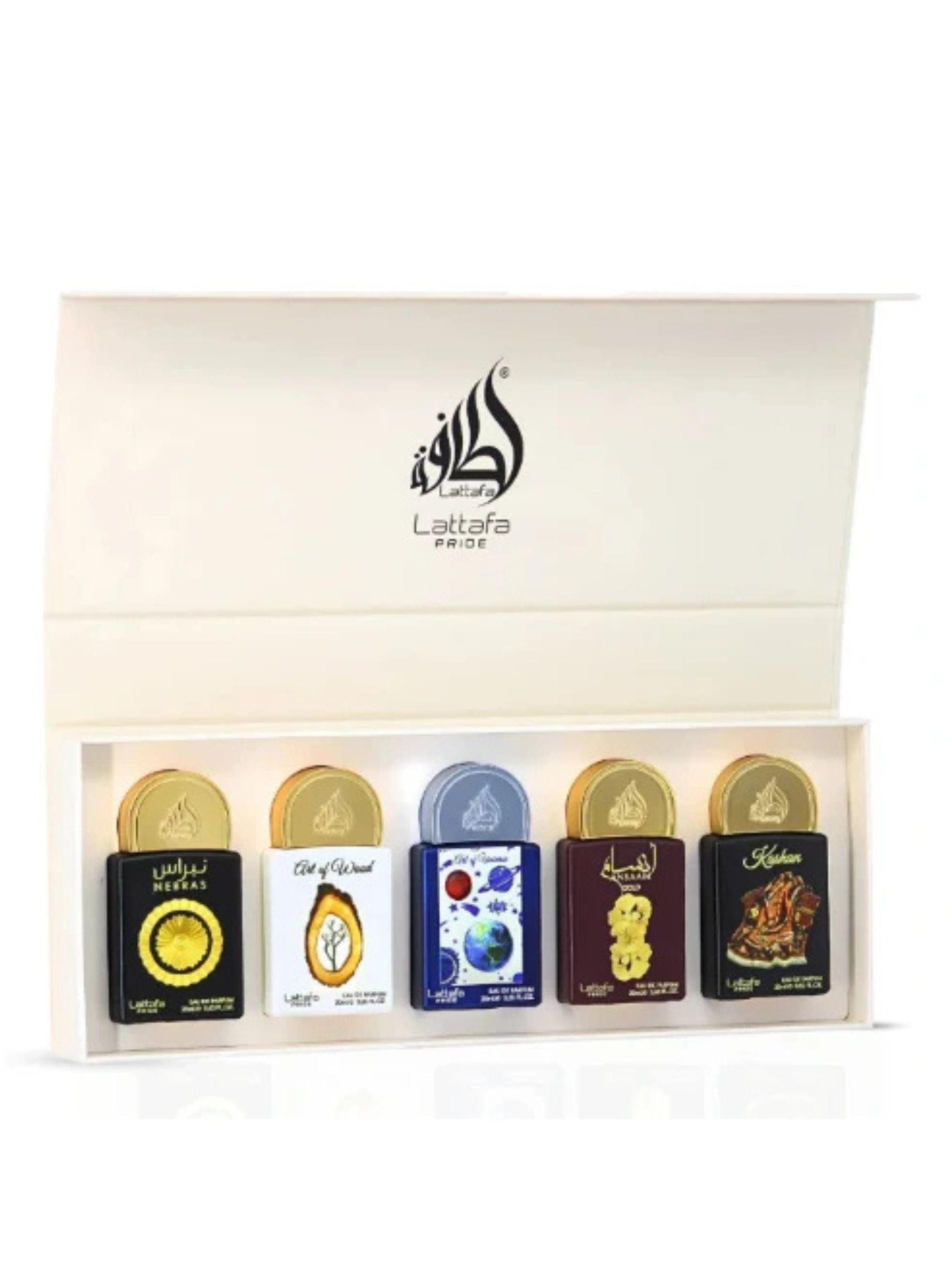 PERFUME LATTAFA 5PZAS ESTUCHE EDP 20ML x 5, NEBRAS+ART OF WOOD+ART OF UNIVERSE+ANSAAM GOLD+KASHAN-1