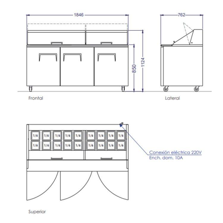SALSERA REFRIGERADA ACERO INOXIDABLE 3 PUERTAS 185 CM NORKALT-7