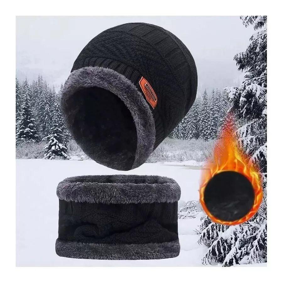 Set Calentador Gorro y Bufanda De Cuello Negro Invierno Unisex-1