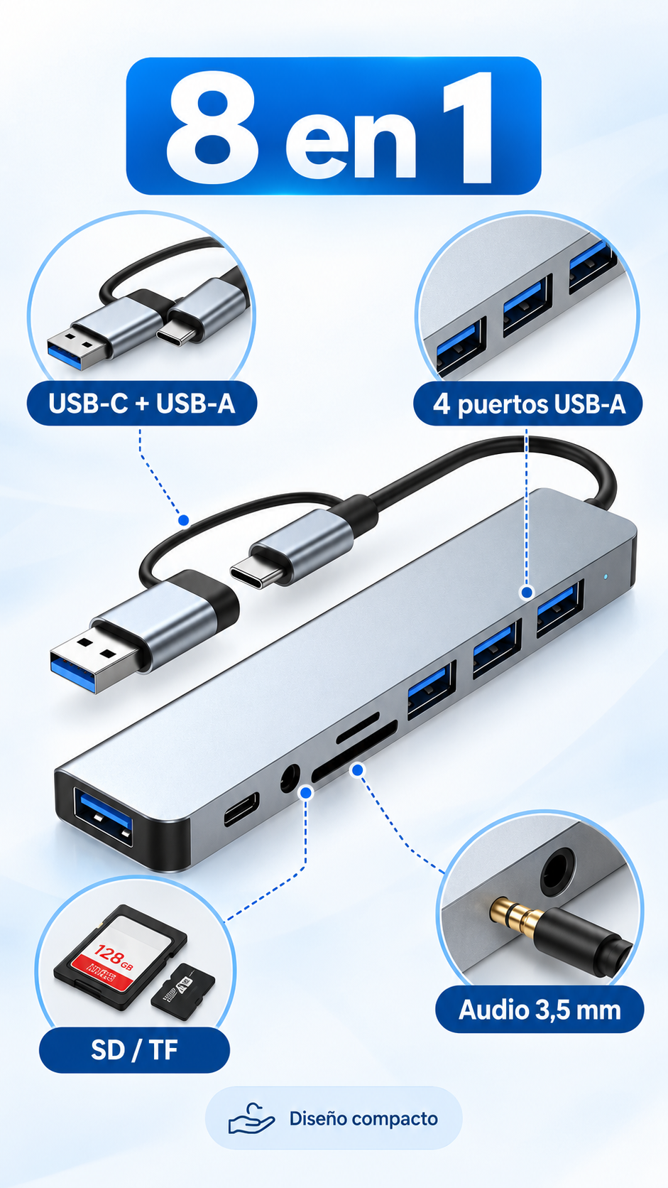 Hub Adaptador USB y Tipo C 8 en 2-2