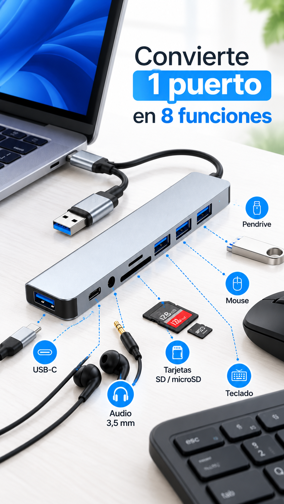 Hub Adaptador USB y Tipo C 8 en 2-3