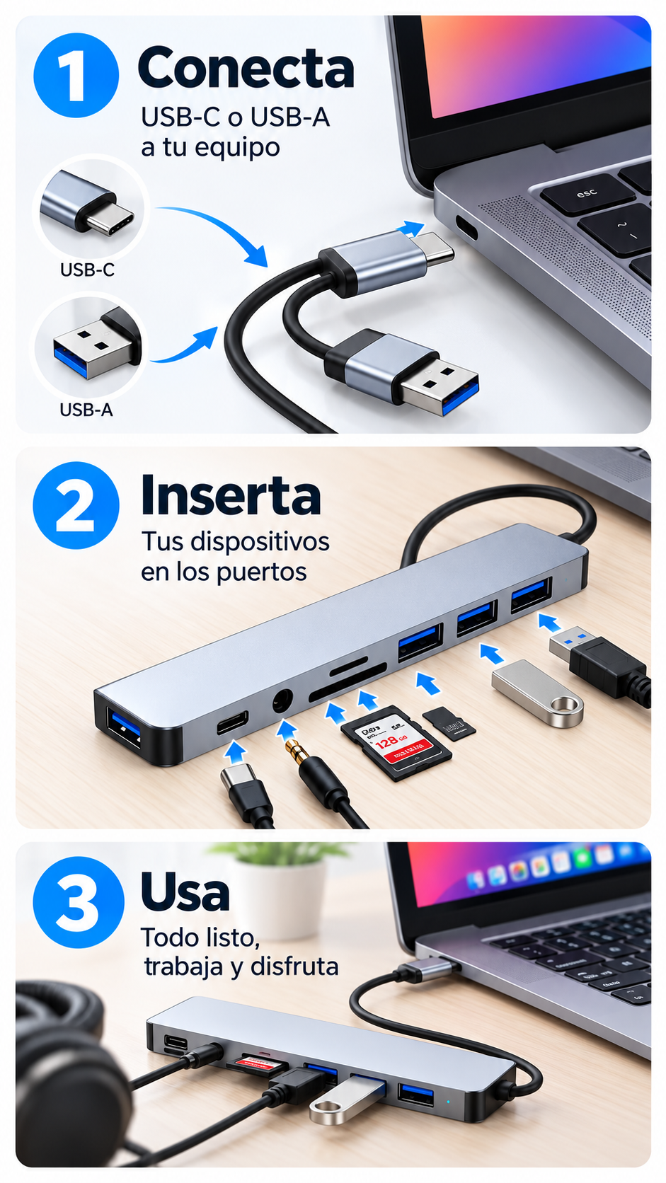 Hub Adaptador USB y Tipo C 8 en 2-4