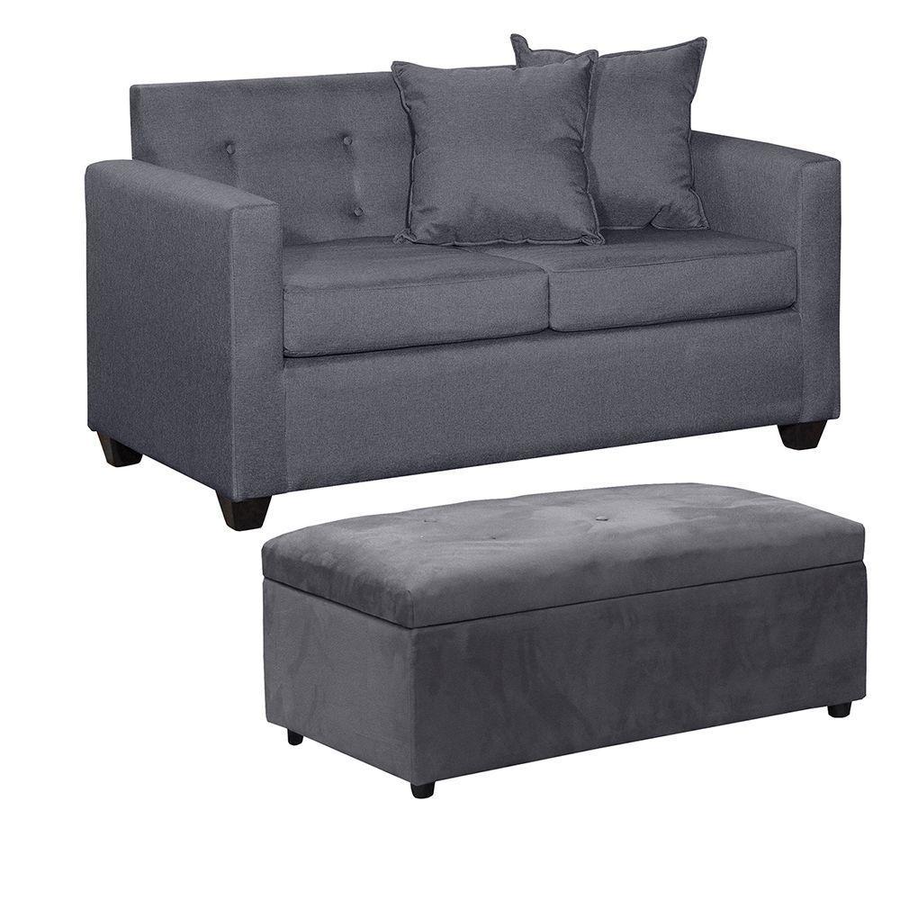 Set Sofa 2c Gramado  y Banqueta Baul Felpa Gris Oscuro-1