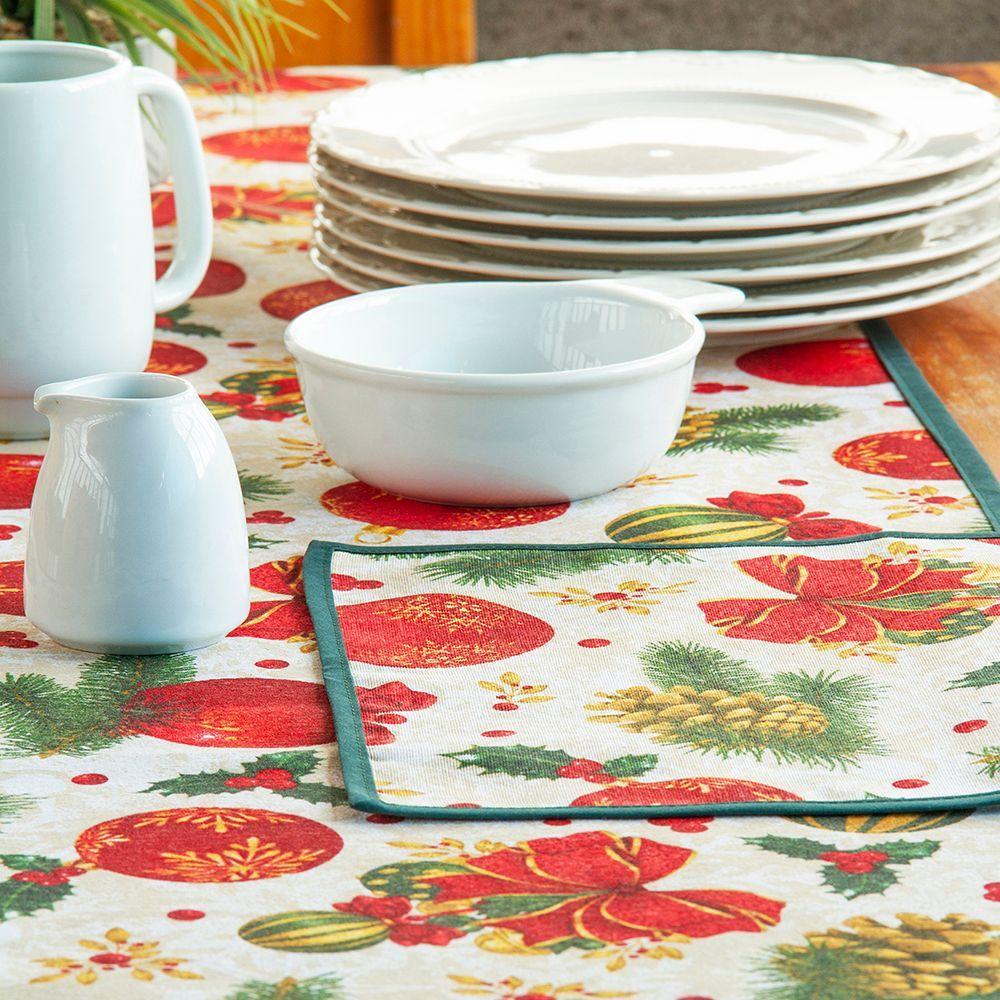 set Camino de mesa c 6 individuales Lona espa ola estampada Navidad Esferas-2