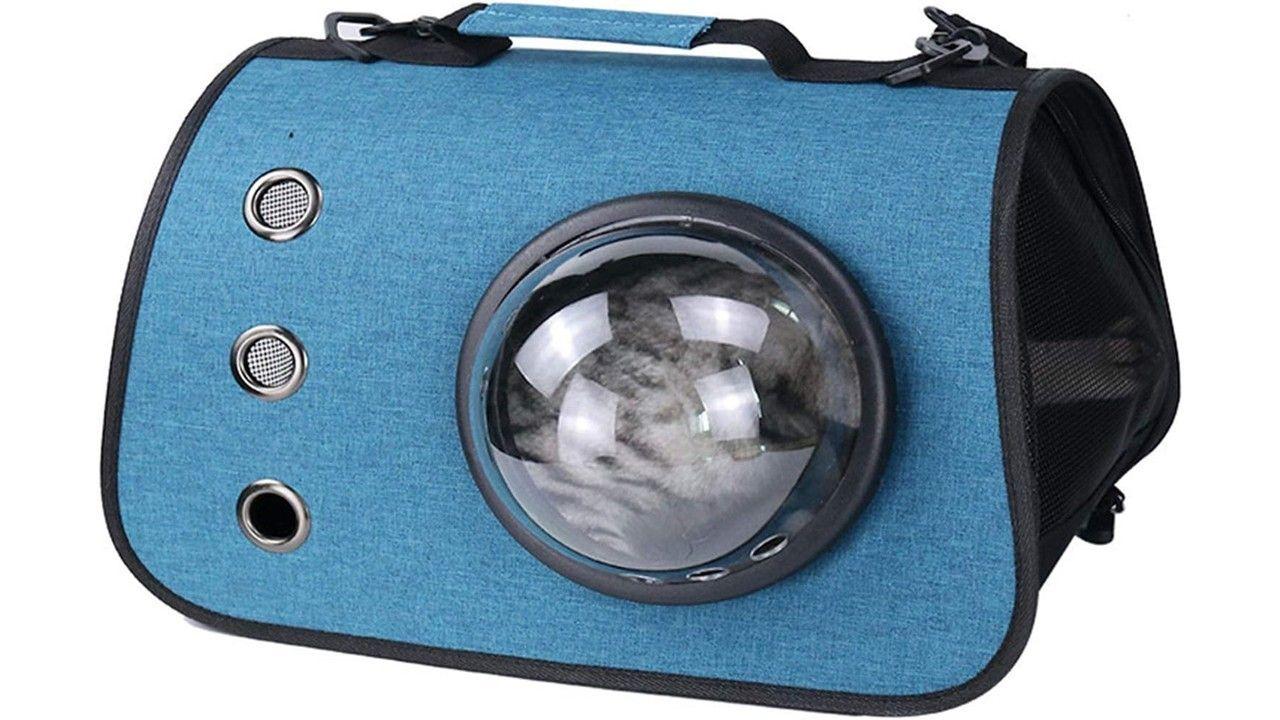 Bolso Transporte Mascotas Pequeño 40x26x25cm Con Cupula Azul-2
