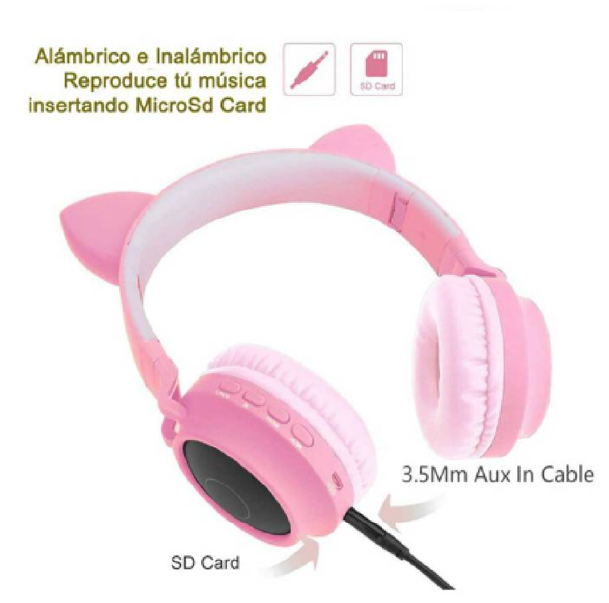 Audífonos Inalámbricos Bluetooth Gato Rosa Headset Luz Rgb-3