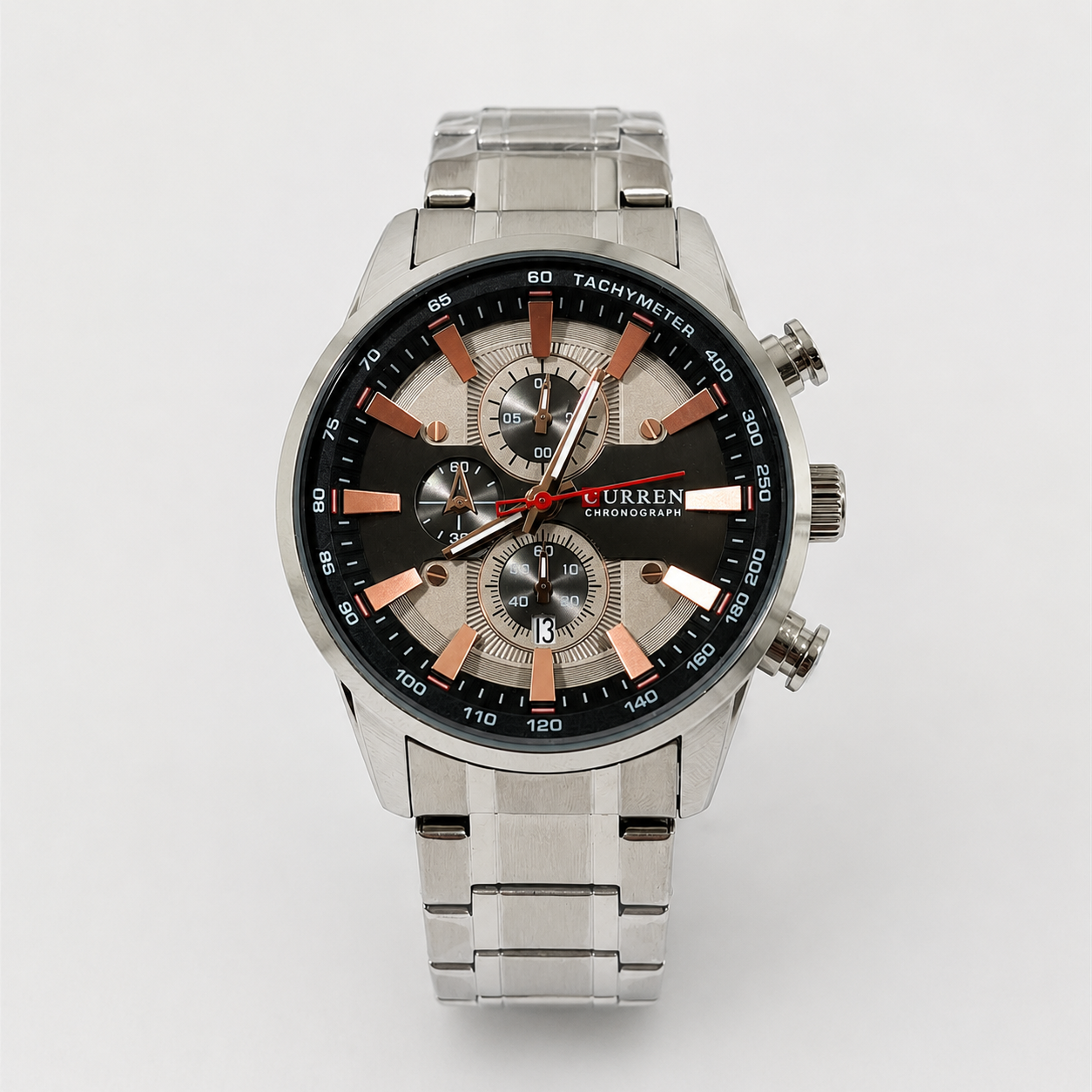 Reloj Curren para caballero 8351-2 Metal plateado con esfera negra y detalles cobre-0