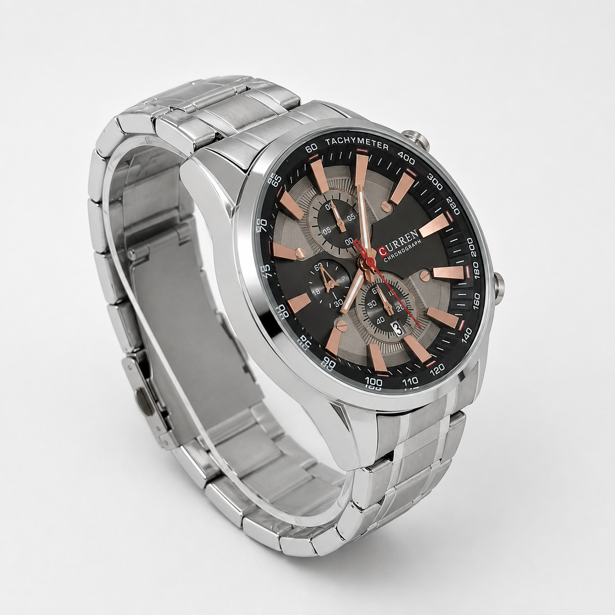 Reloj Curren para caballero 8351-2 Metal plateado con esfera negra y detalles cobre-1