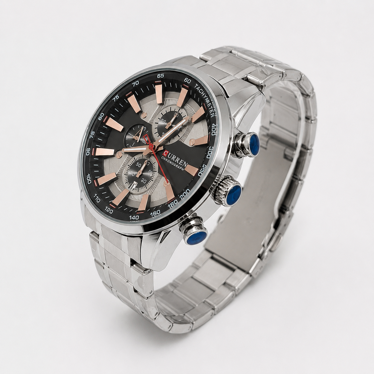 Reloj Curren para caballero 8351-2 Metal plateado con esfera negra y detalles cobre-2