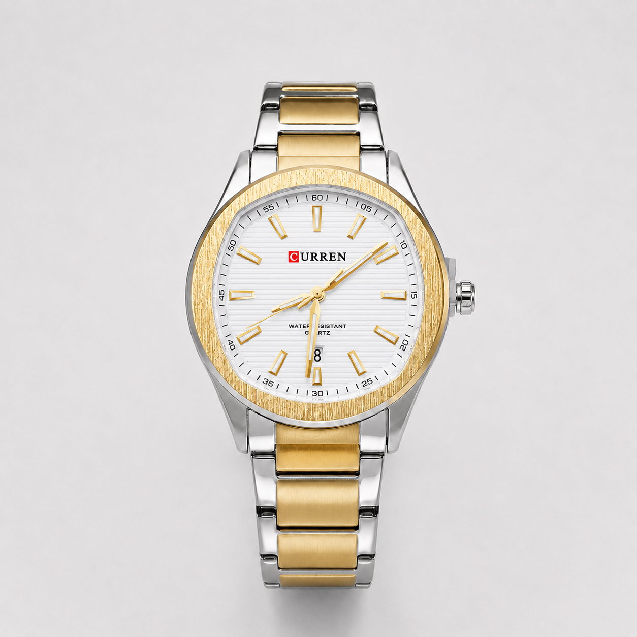 Reloj Curren para caballero 8474-3 Metal bicolor plateado y dorado con esfera blanca-0