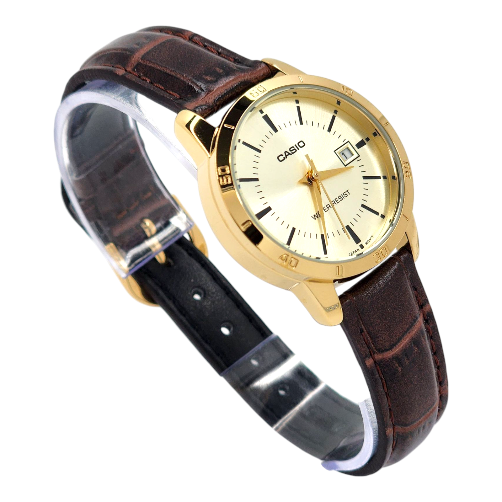 Reloj Casio LTP-V004GL-9A Mujer Correa cuero café esfera dorada-2