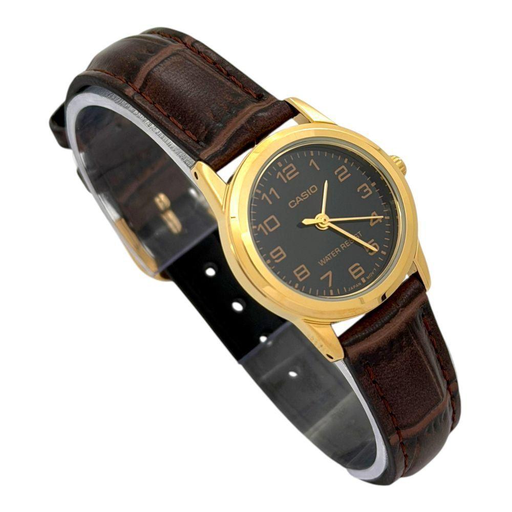Reloj Casio dama LTP-V001GL-1B correa cafe fondo negro-2