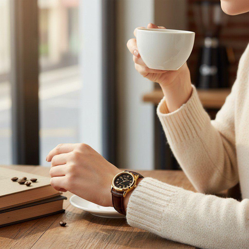 Reloj Casio dama LTP-V001GL-1B correa cafe fondo negro-4