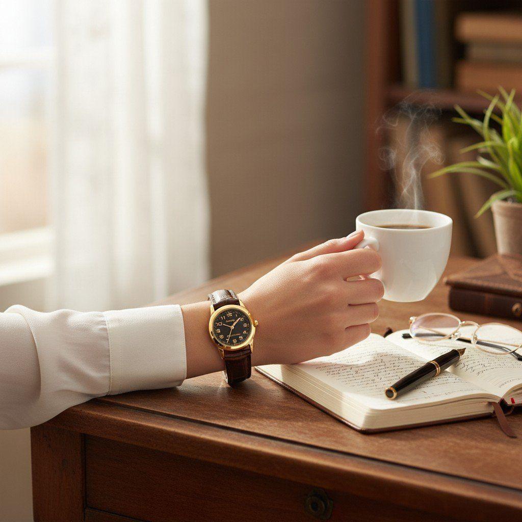 Reloj Casio dama LTP-V001GL-1B correa cafe fondo negro-5