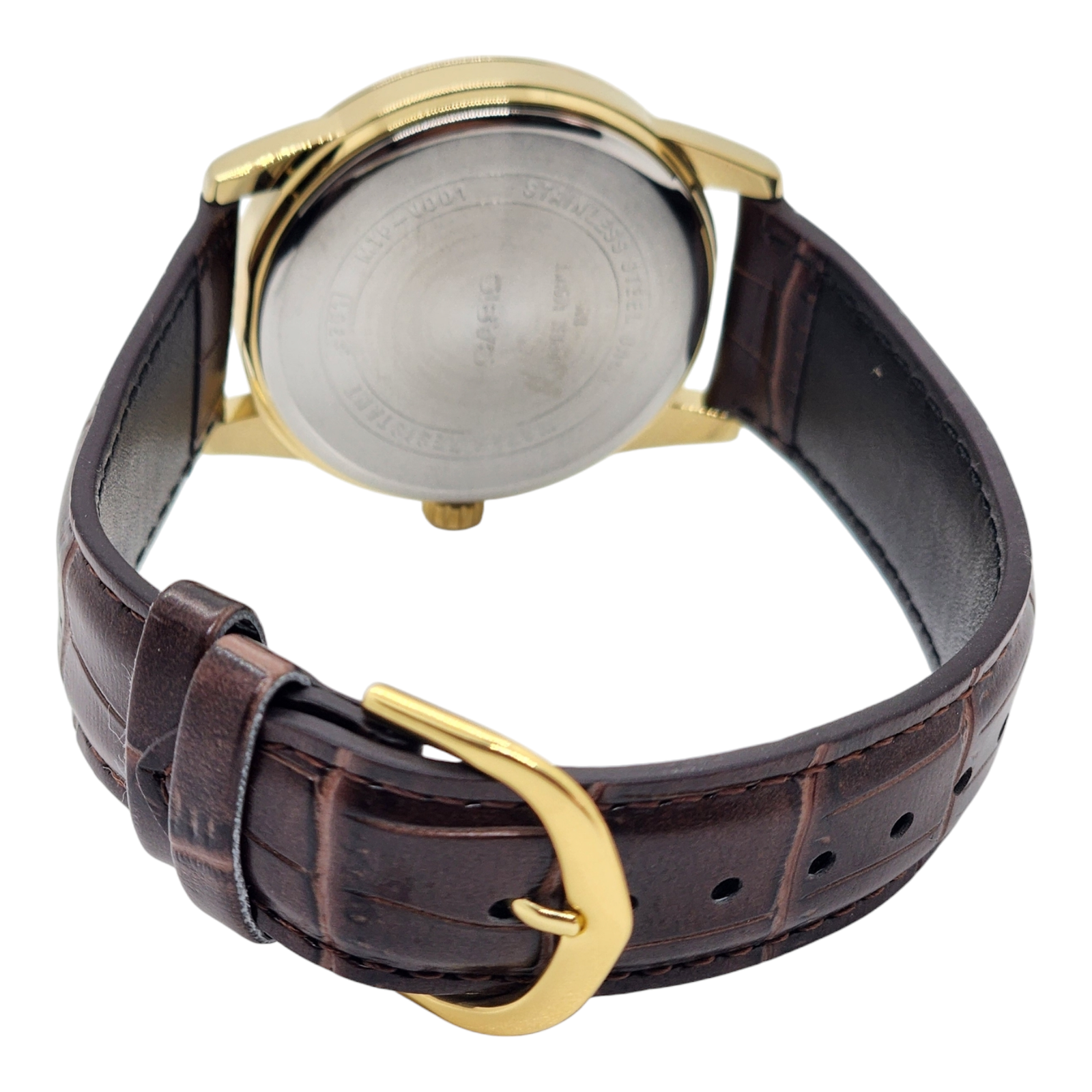 Reloj Pulsera Casio Mtp-v001gl-9b correa cuero café esfera dorada con fondo negro-2