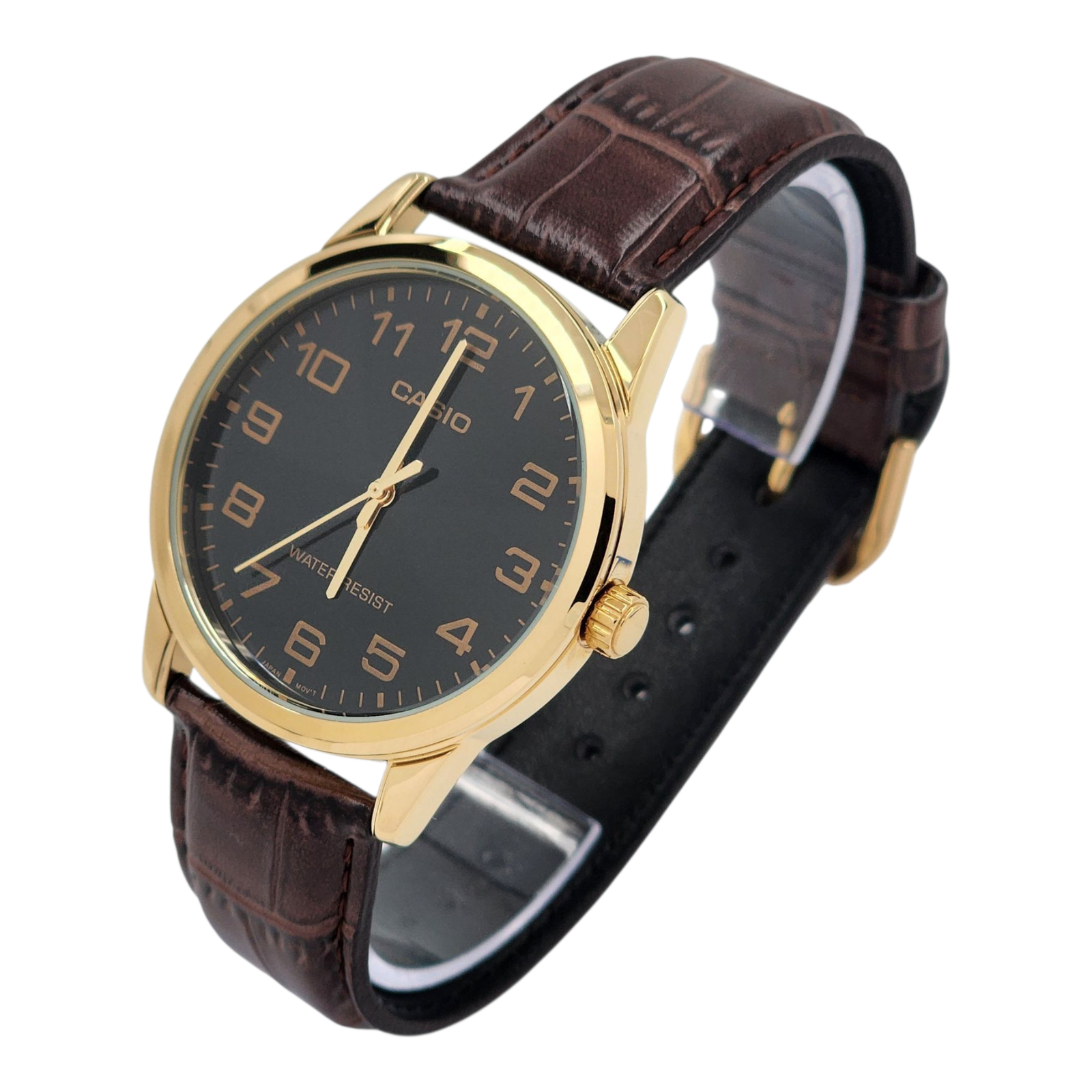 Reloj Pulsera Casio MTP-V001GL-1B cuero café esfera dorada con fondo negro-2