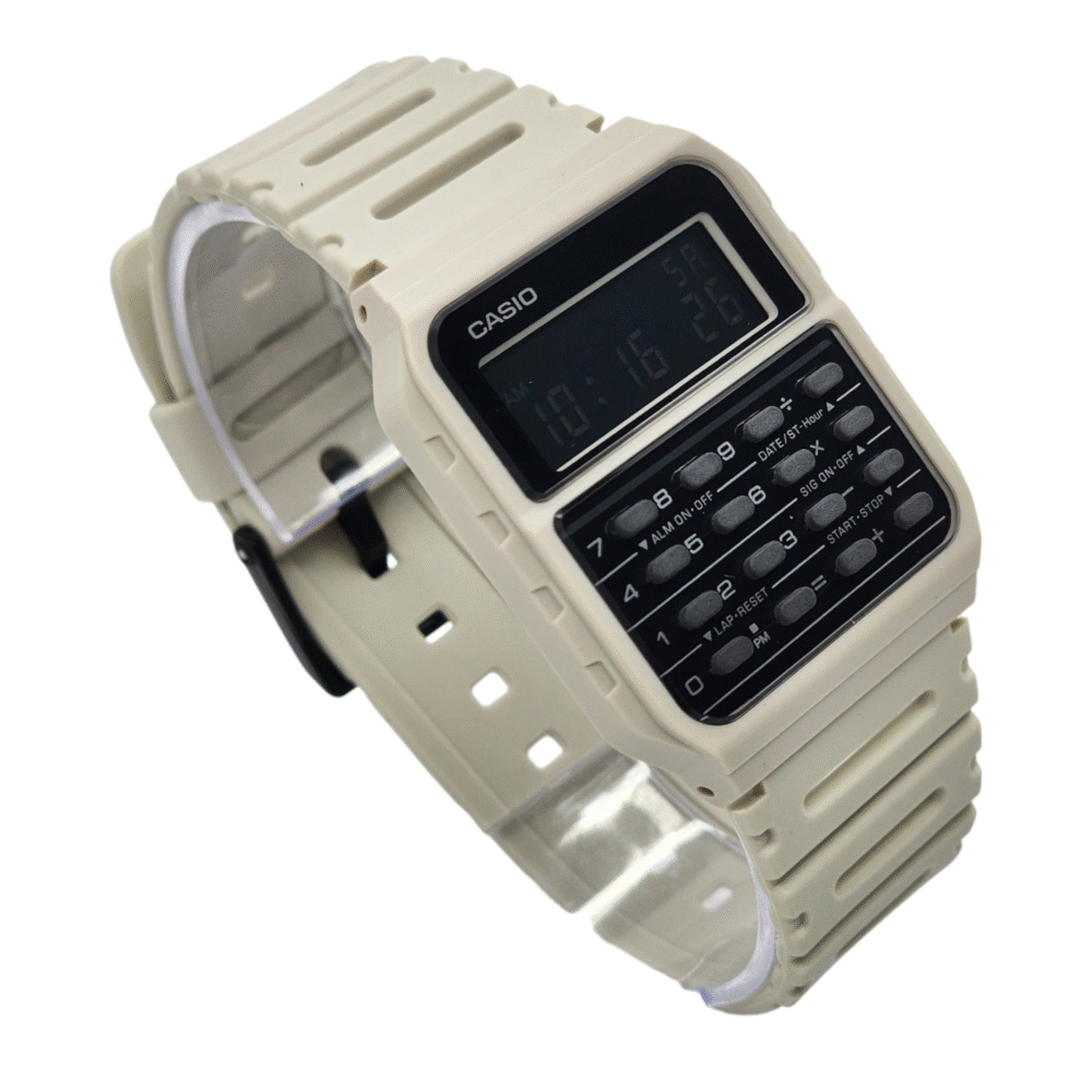 Reloj Calculadora Clasico Casio Ca-53wf-8b blanco fondo negro resina-2