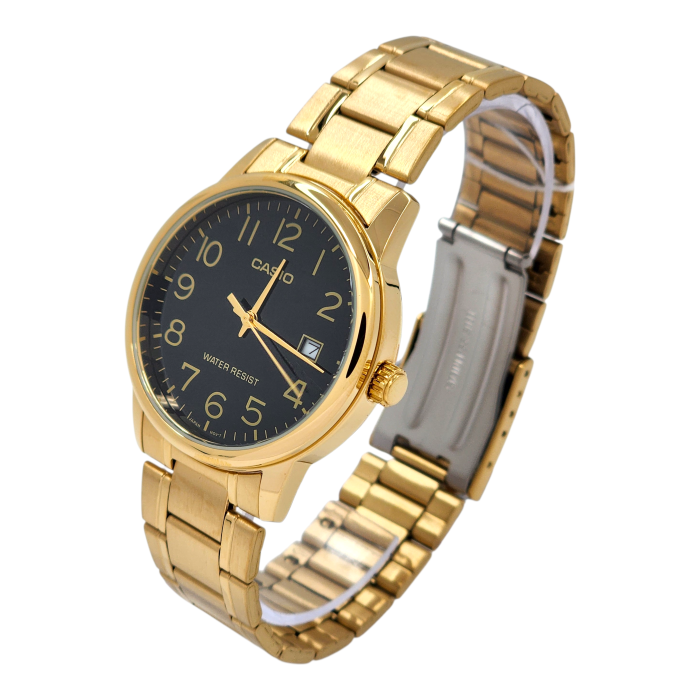 Reloj Casio caballero MTP-V002G-1B correa acero inoxidable dorada fondo negro-2