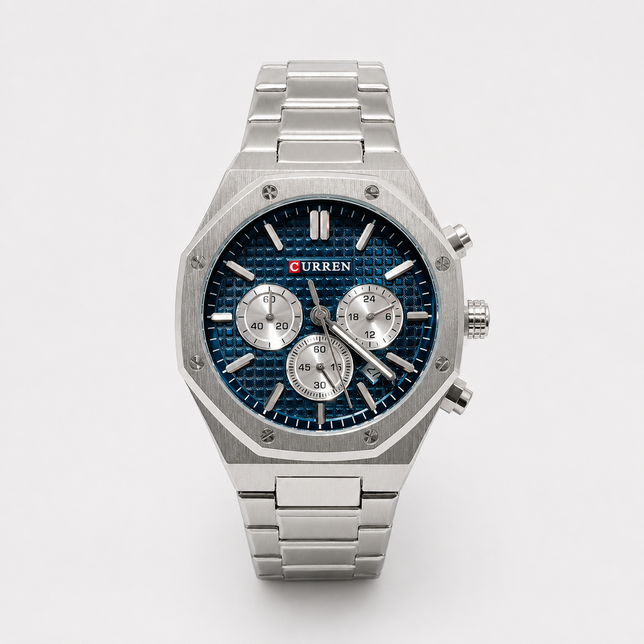 Reloj Curren para caballero 8440-1 Metal plateado con esfera azul petróleo-0