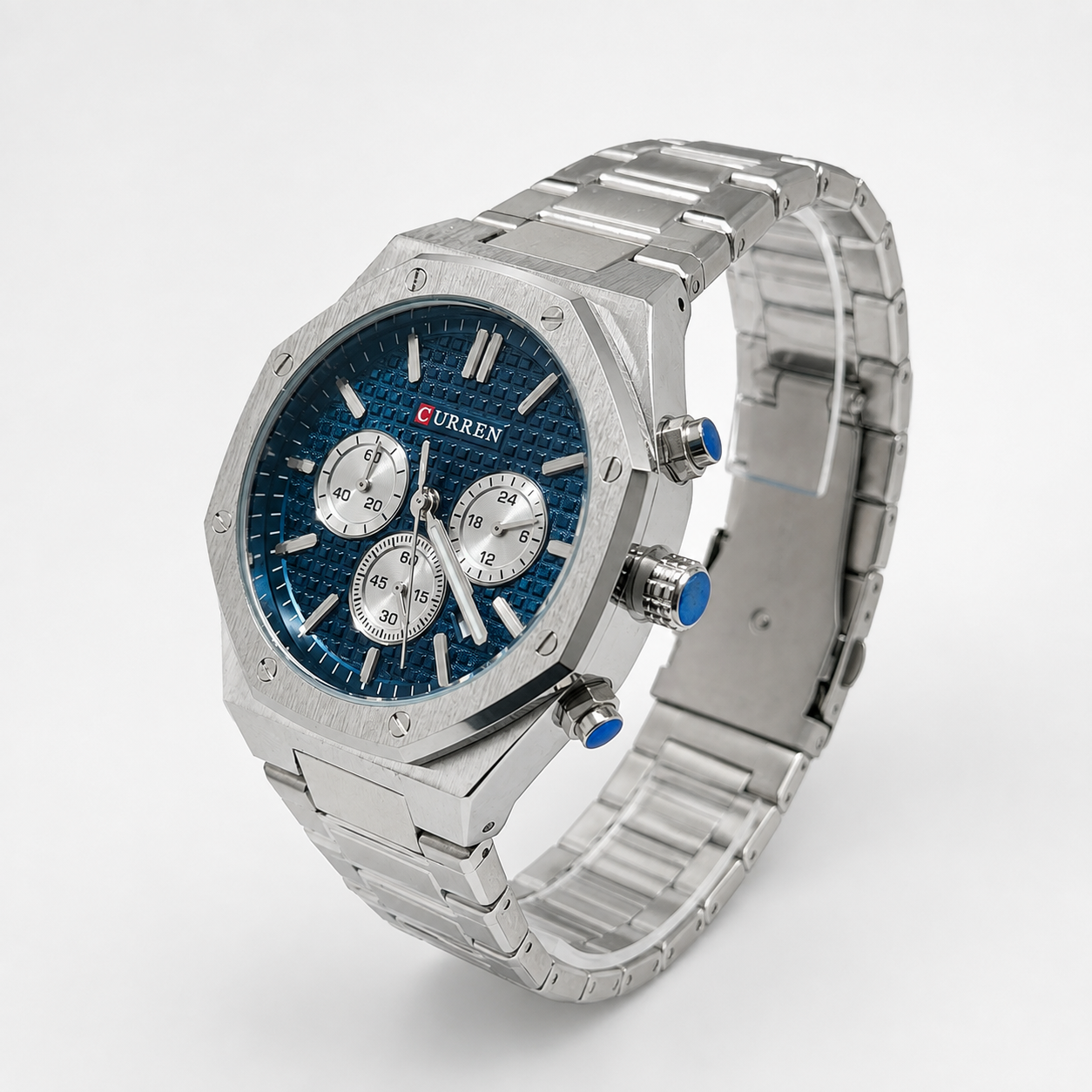 Reloj Curren para caballero 8440-1 Metal plateado con esfera azul petróleo-2