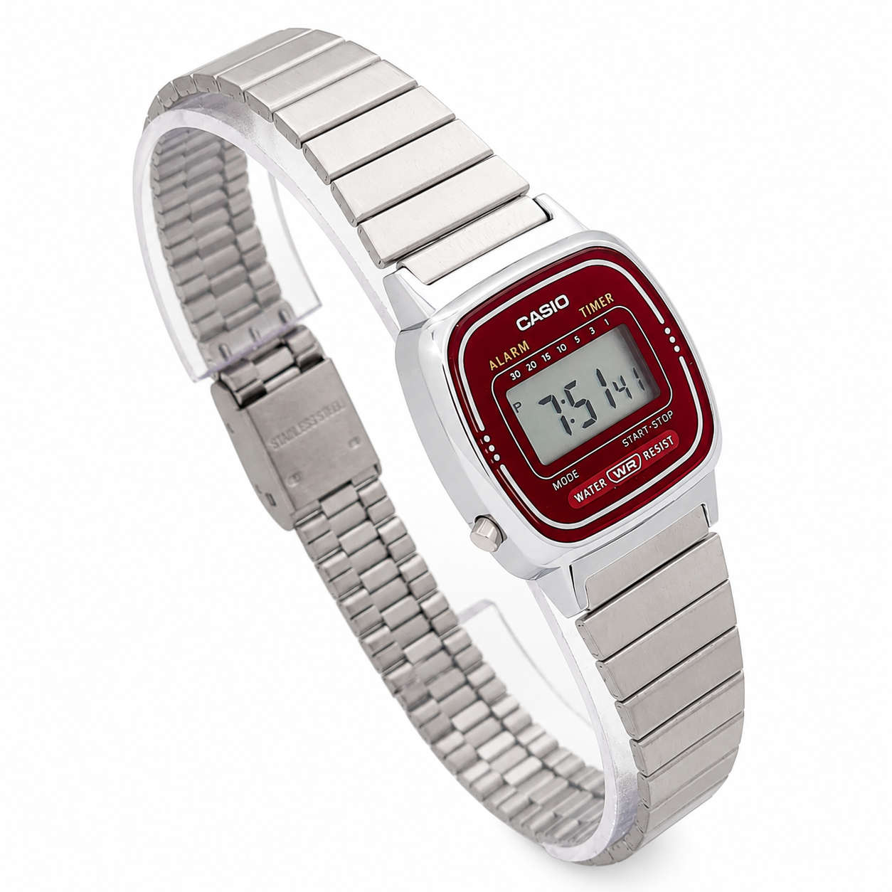 Reloj Casio dama LA 670WA 4 acero inoxidable fondo rojo-2