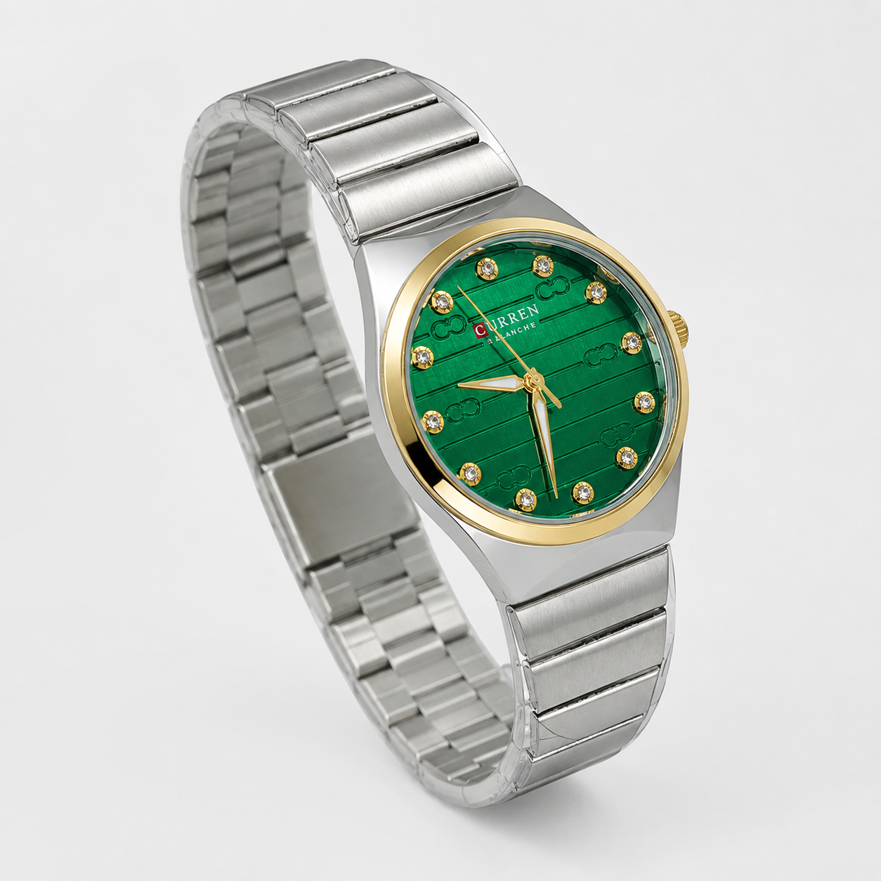 Reloj Curren para dama 9110-3 Metal plateado con detalles dorados y esfera verde-2