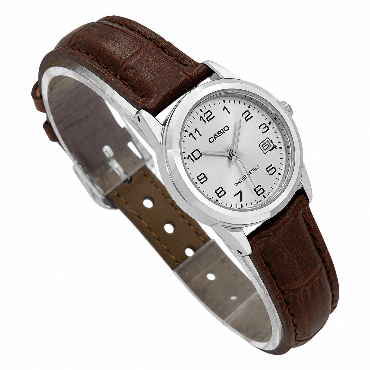 Reloj Casio dama LTP V002L 7B2 correa cuero cafe fondo plateado-2