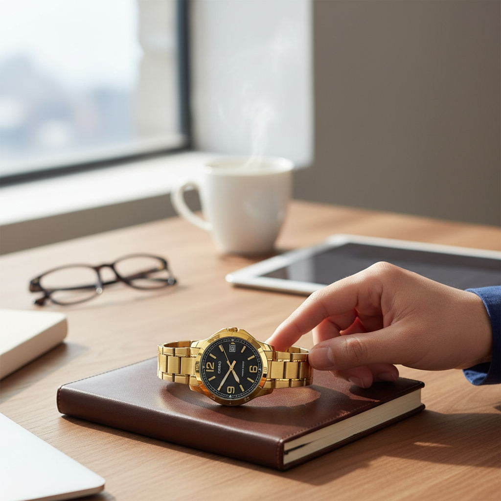 Reloj Casio MTP-V004G-1B, Acero inoxidable dorado fondo negro-4