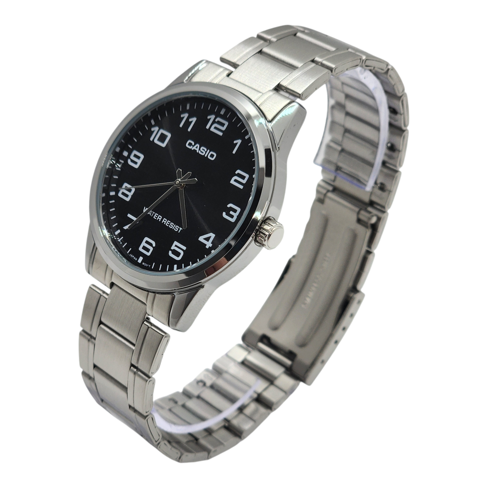 Reloj Casio Mtp-v001d-1budf Con Correa De Acero Inoxidable Color Plateado - Fondo Negro-1