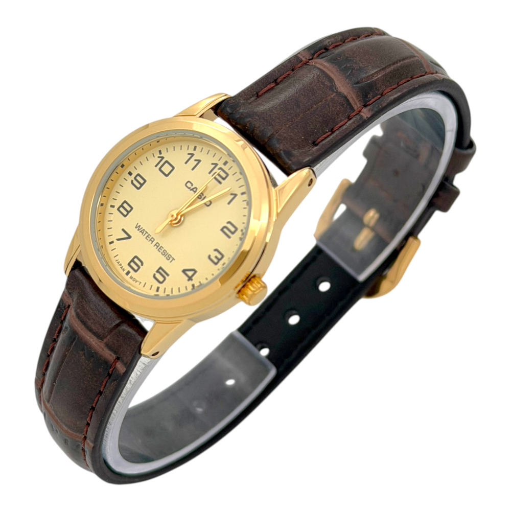 Reloj Casio dama LTP-V001GL-9B correa cafe fondo dorado-2