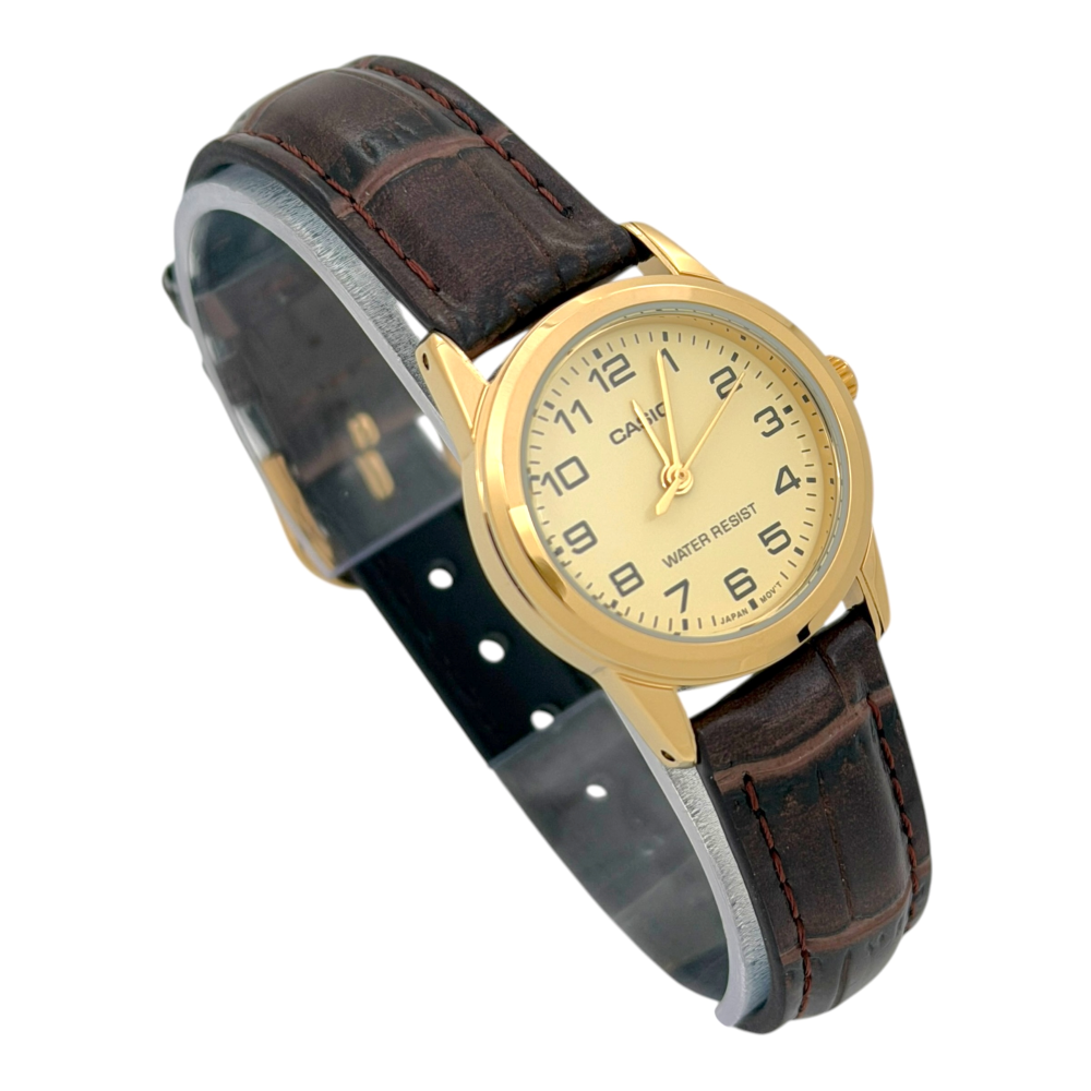 Reloj Casio dama LTP-V001GL-9B correa cafe fondo dorado-3
